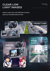 1080P Triple-Camera Dash Cam with IR Night Vision, Loop Recording & 2'' IPS