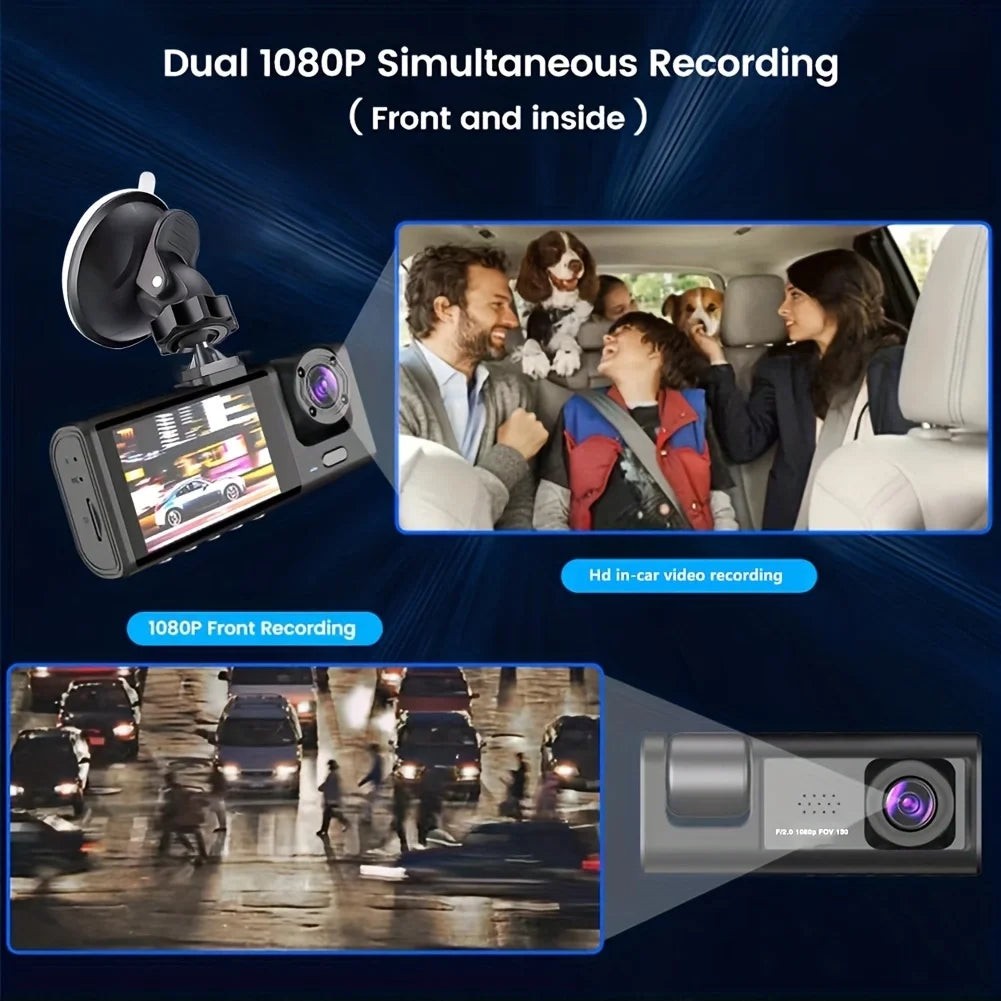 1080P Triple-Camera Dash Cam with IR Night Vision, Loop Recording & 2'' IPS