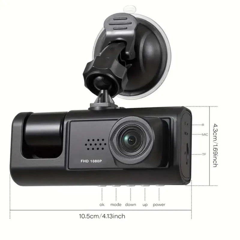 1080P Triple-Camera Dash Cam with IR Night Vision, Loop Recording & 2'' IPS