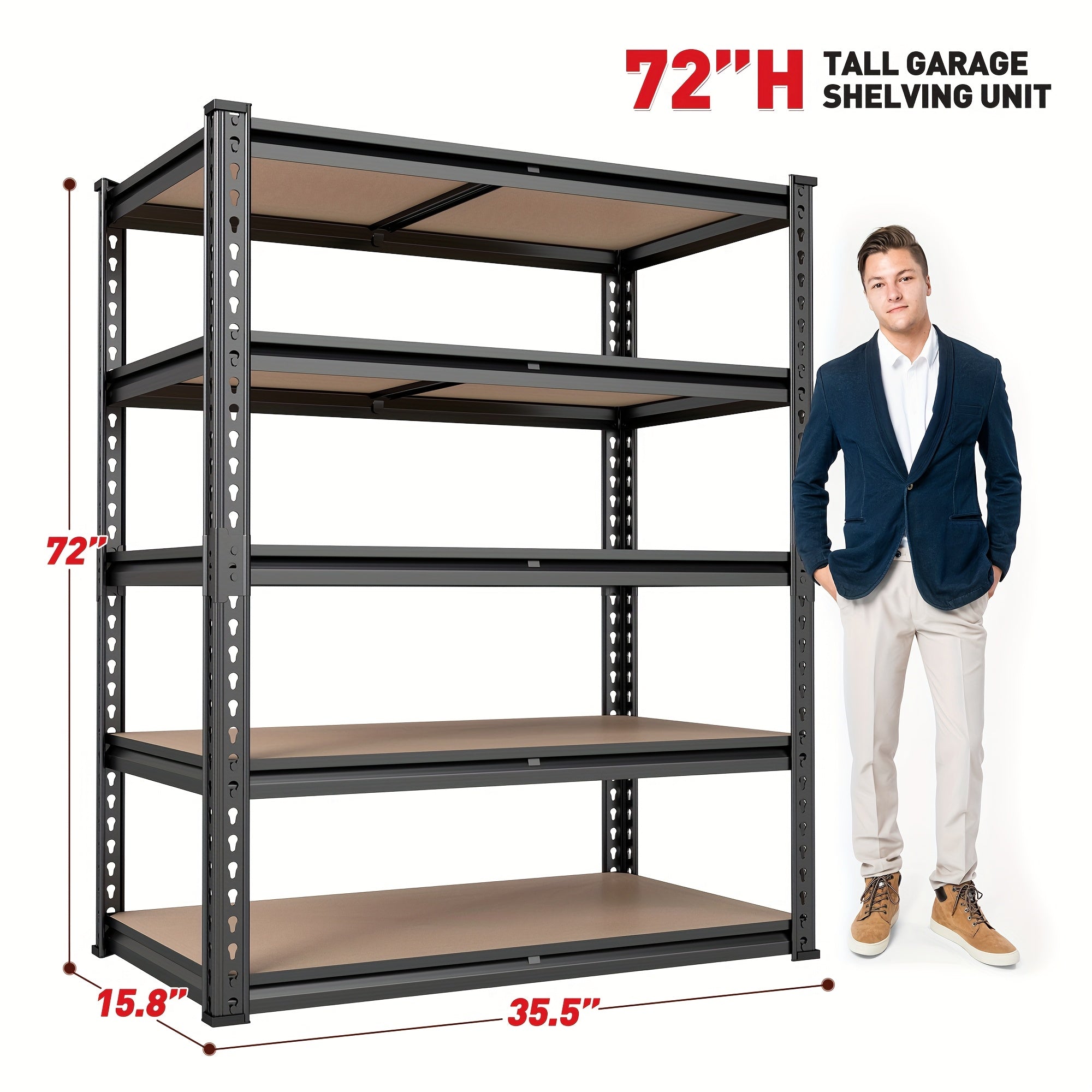 2000LBS Garage Shelving 72"H Storage Shelves Heavy Duty 5-tier Metal Shelving Units for Garage Shelves 60" H X 28" W X 12" D, Adjustable Utility Shelf Rack for Kitchen Warehouse Basement Pantry Utility Rack Shelf, 35.5"W X72"