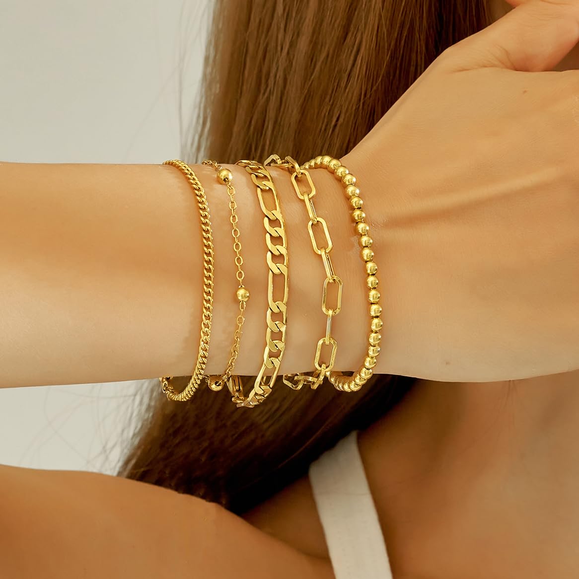 Wgoud Waterproof Gold Bracelets for Women Trendy, Dainty 14K Real Gold Plated Fashion Stackable Bracelet Sets for Women Thin Cuban Link Paperclip Chain Bracelets Layered Gold Jewelry Sets Gifts for Womens (5Pcs Gold Bracelet)