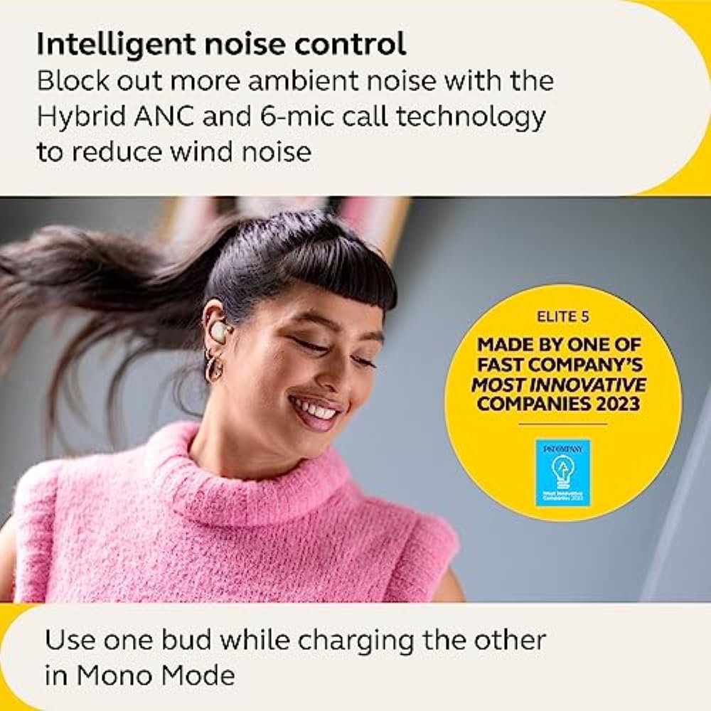 Jabra Elite 5 True Wireless in-Ear Bluetooth Earbuds - Hybrid Active Noise Cancellation (ANC), 6 Built-in Microphones for Clear Calls, Small Ergonomic Fit and 6mm Speakers - Gold Beige