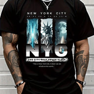 Men'S New York City Graphic T-Shirt - Hip-Hop Style, "The City That Never Sleeps" Design with Statue of Liberty & NYC Skyline, Comfortable Short Sleeve Round Neck Tee for Casual Wear, Everyday Tshirt | Bold Graphic Tee | Comf