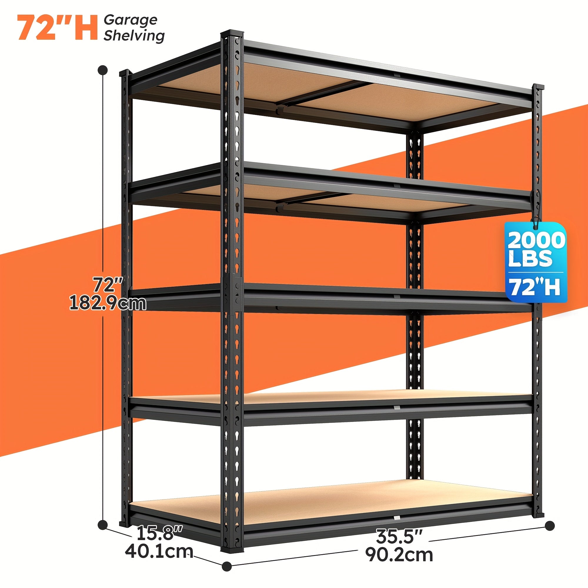 2000LBS Garage Shelving 72"H Storage Shelves Heavy Duty 5-tier Metal Shelving Units for Garage Shelves 60" H X 28" W X 12" D, Adjustable Utility Shelf Rack for Kitchen Warehouse Basement Pantry Utility Rack Shelf, 35.5"W X72"