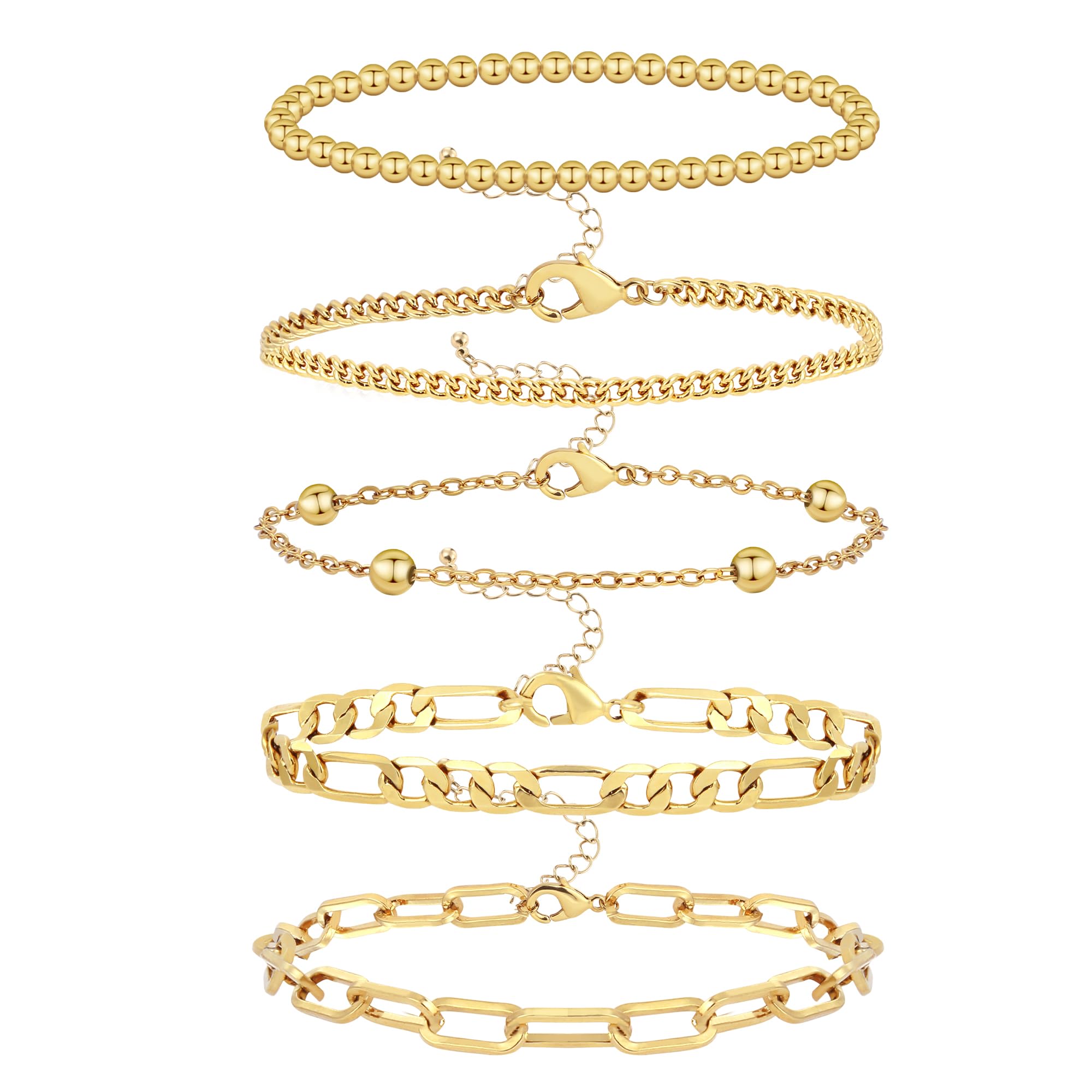Wgoud Waterproof Gold Bracelets for Women Trendy, Dainty 14K Real Gold Plated Fashion Stackable Bracelet Sets for Women Thin Cuban Link Paperclip Chain Bracelets Layered Gold Jewelry Sets Gifts for Womens (5Pcs Gold Bracelet)