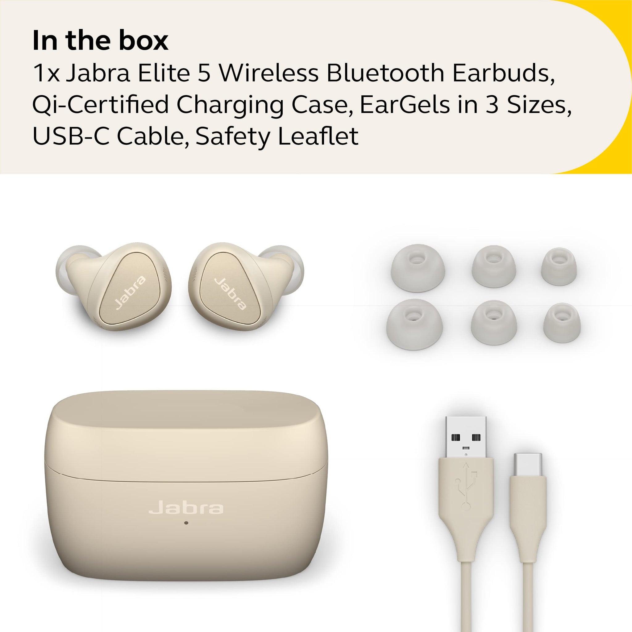 Jabra Elite 5 True Wireless in-Ear Bluetooth Earbuds - Hybrid Active Noise Cancellation (ANC), 6 Built-in Microphones for Clear Calls, Small Ergonomic Fit and 6mm Speakers - Gold Beige