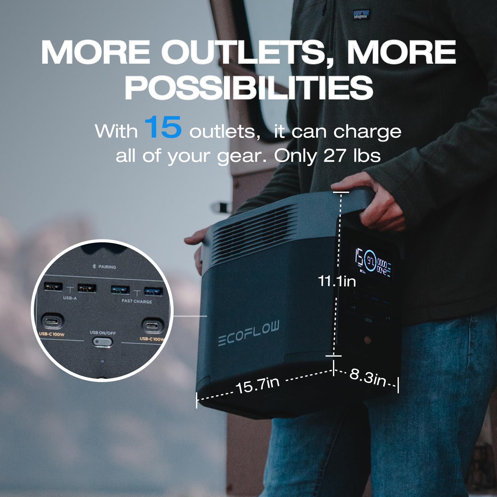 EF ECOFLOW Portable Power Station Delta 2, 1024Wh LiFePO4 (LFP) Battery, 1800W AC/100W USB-C Output, Solar Generator(Solar Panel Optional) for Home Backup Power, Camping & RVs