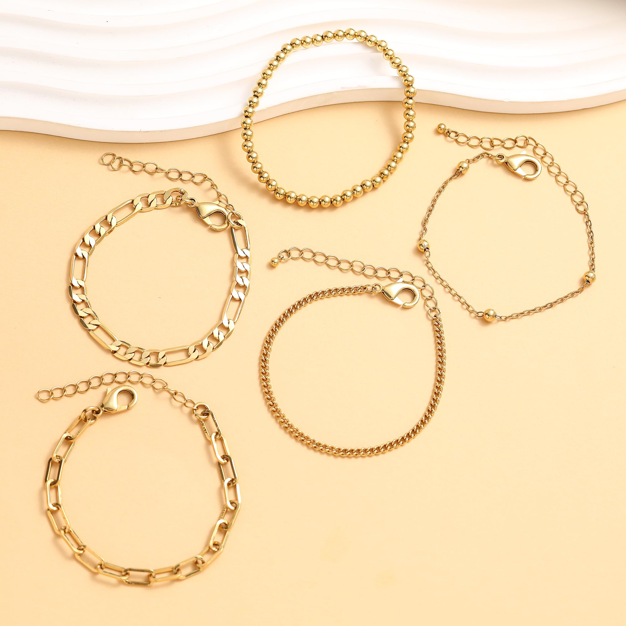 Wgoud Waterproof Gold Bracelets for Women Trendy, Dainty 14K Real Gold Plated Fashion Stackable Bracelet Sets for Women Thin Cuban Link Paperclip Chain Bracelets Layered Gold Jewelry Sets Gifts for Womens (5Pcs Gold Bracelet)