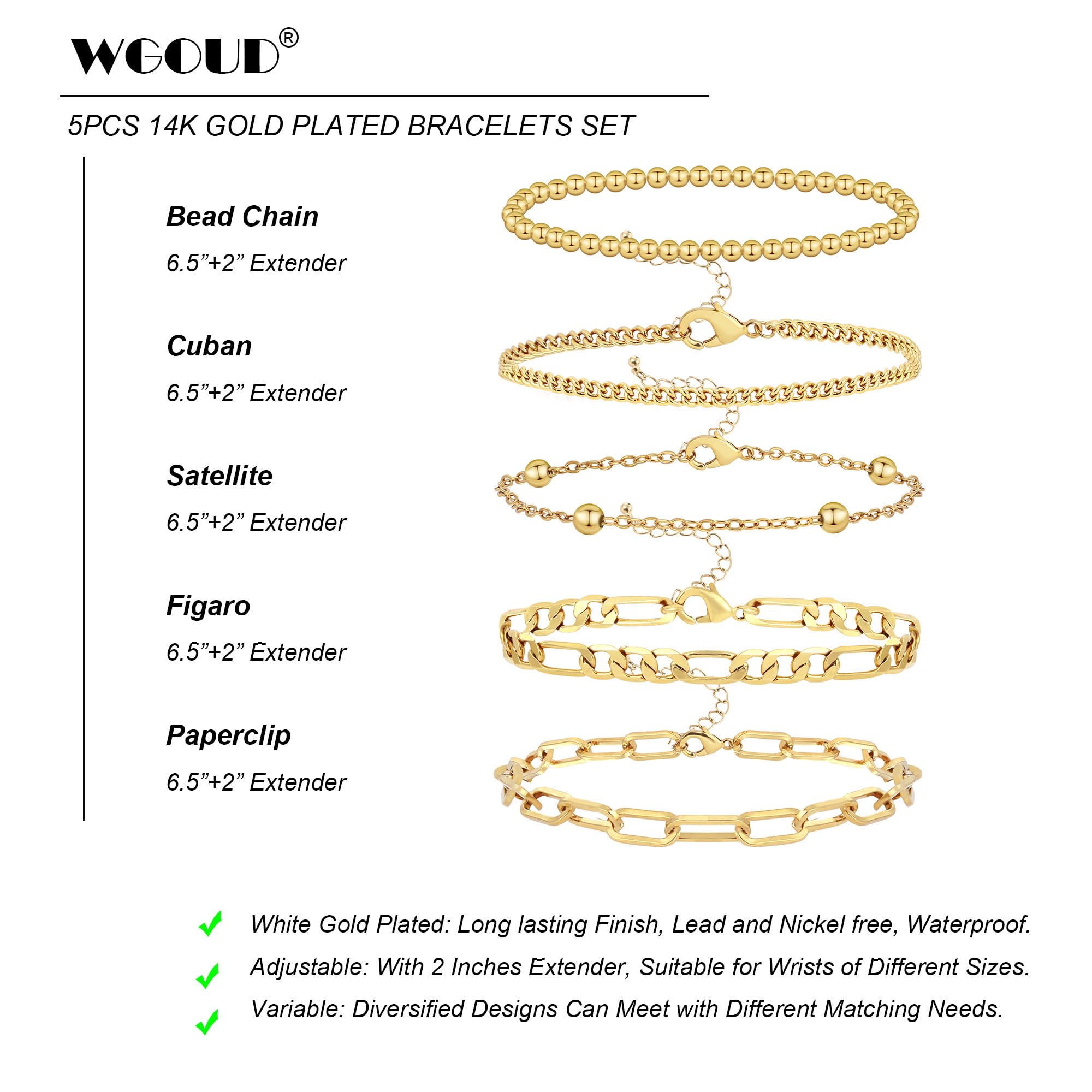 Wgoud Waterproof Gold Bracelets for Women Trendy, Dainty 14K Real Gold Plated Fashion Stackable Bracelet Sets for Women Thin Cuban Link Paperclip Chain Bracelets Layered Gold Jewelry Sets Gifts for Womens (5Pcs Gold Bracelet)