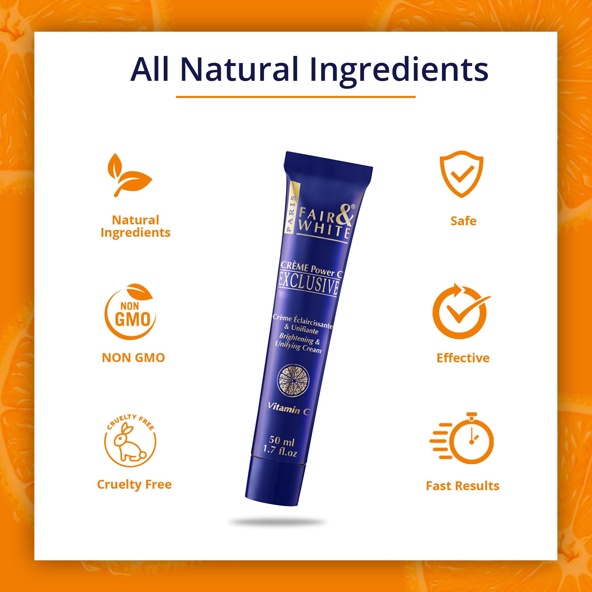 Fair and White Exclusive, Skin Brightening Cream with Vitamin C | 1.7 Fl oz / 50g | Reduce Appearance of Fine Lines & Wrinkles - with Glycerin and Castor Oil, For Face & Body