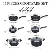 Cook N Home Basics Pots and Pans Cooking, 15-Piece Nonstick Cookware Set, Black