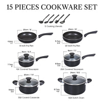Cook N Home Basics Pots and Pans Cooking, 15-Piece Nonstick Cookware Set, Black