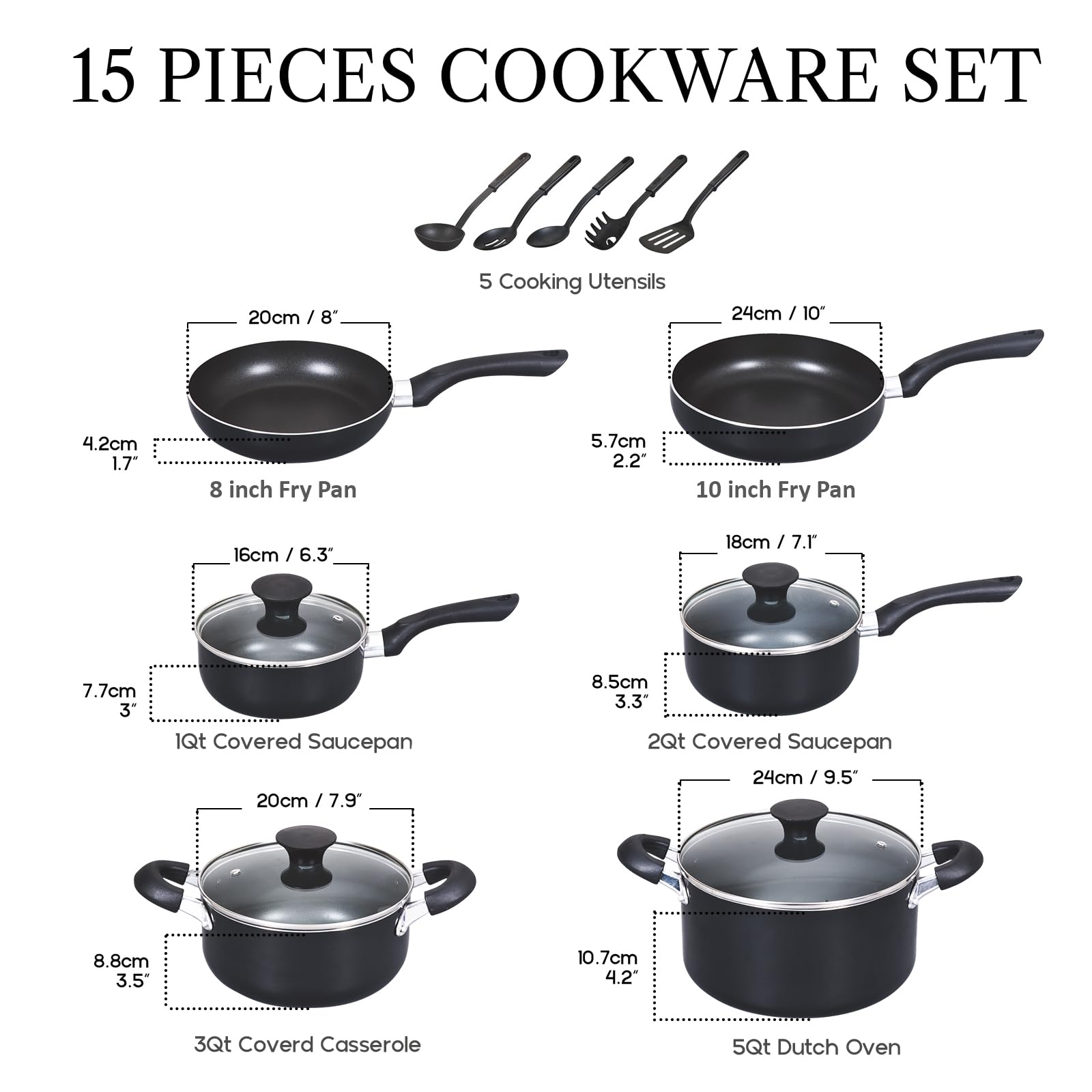 Cook N Home Basics Pots and Pans Cooking, 15-Piece Nonstick Cookware Set, Black