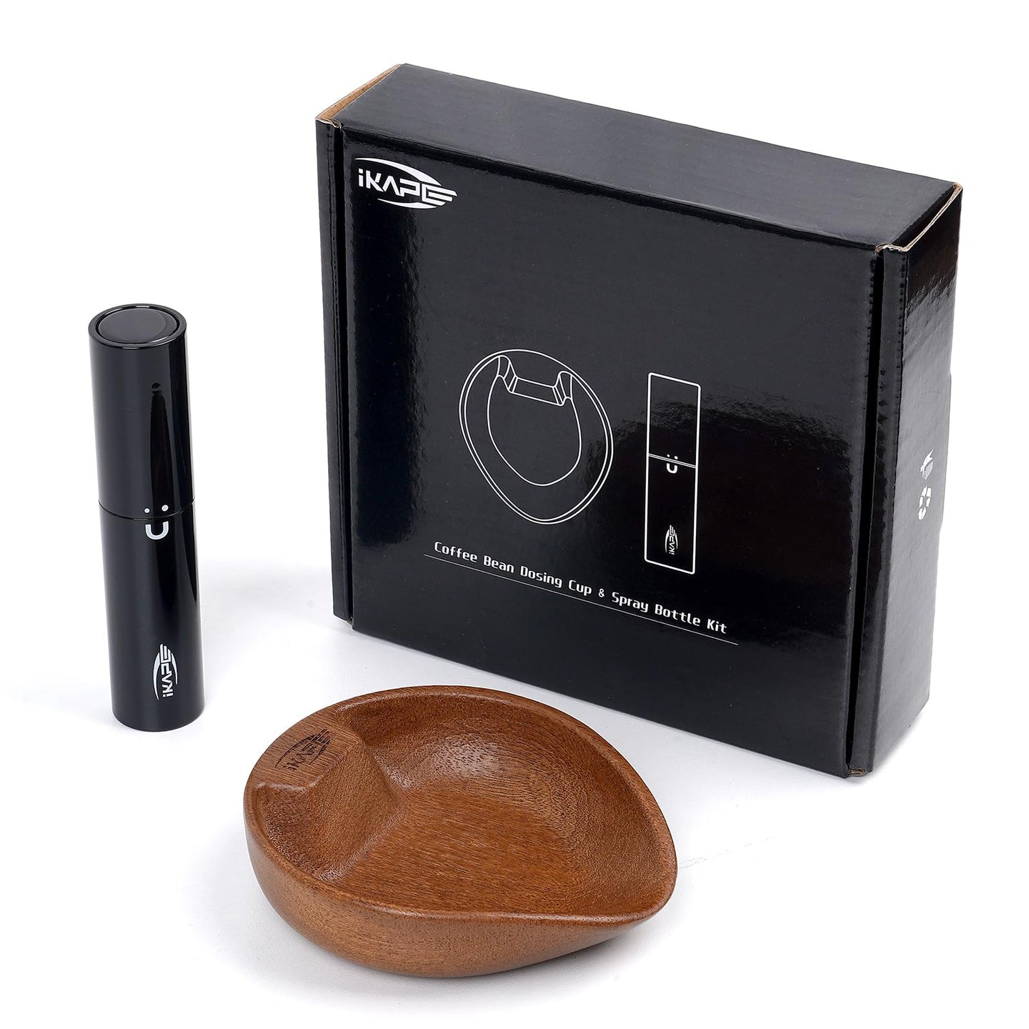 IKAPE Wooden Coffee Bean Dosing Cup and Spray Bottle Kit for Espresso, Coffee Bar Accessories for Reducing Coffee Power Static, Dosing Tray for Coffee or Tea, Sugar(Black)