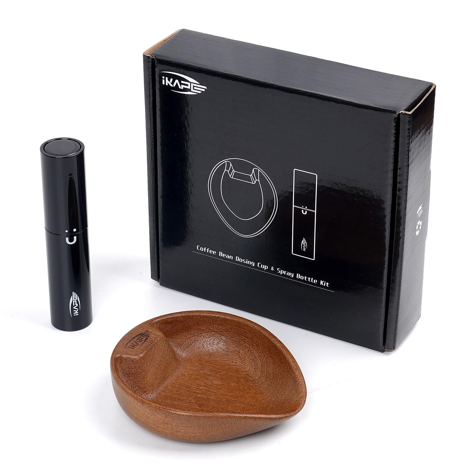 IKAPE Wooden Coffee Bean Dosing Cup and Spray Bottle Kit for Espresso, Coffee Bar Accessories for Reducing Coffee Power Static, Dosing Tray for Coffee or Tea, Sugar(Black)