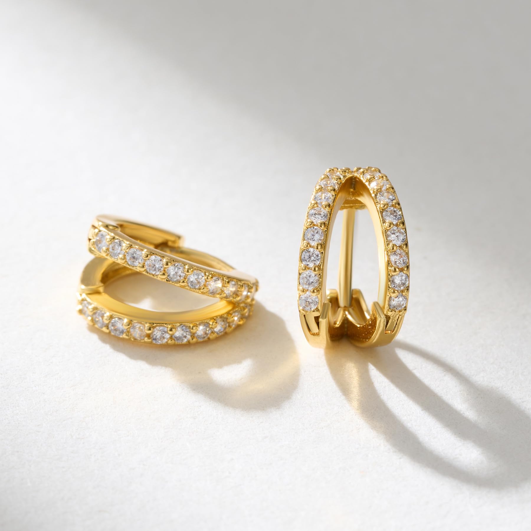 SWEETV Small Hoop Earrings for Women, Post Cubic Zirconia Gold Plated Huggie Hoop Earrings for Women, 8mm for Adult