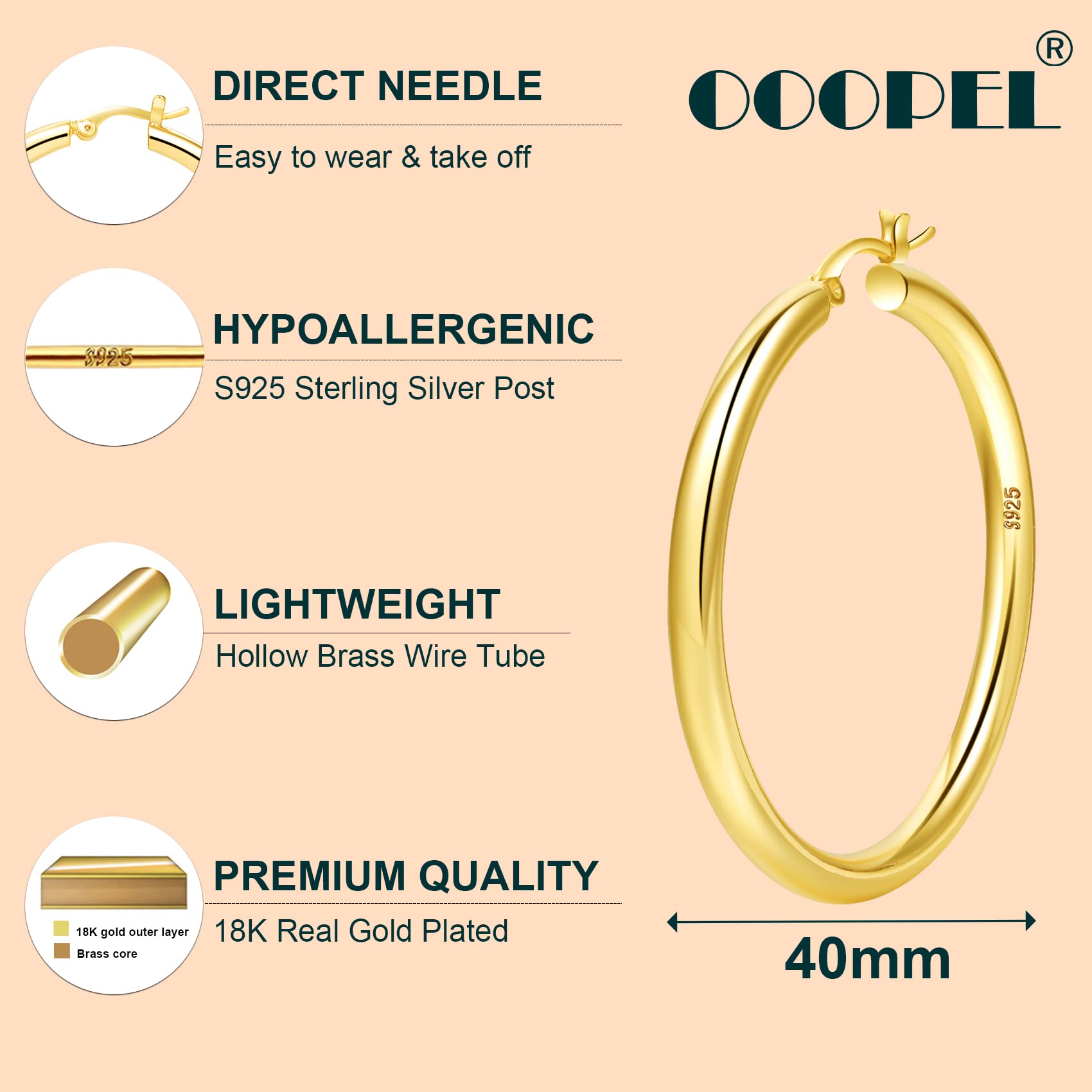 4mm Thick Gold Chunky Earrings Steling Silver Post Hoops Earrings For Women Large Hollow Tube Thick Gold Hoop Earrings Hypoallergenic Lightweight 20/30/40/50/60MM