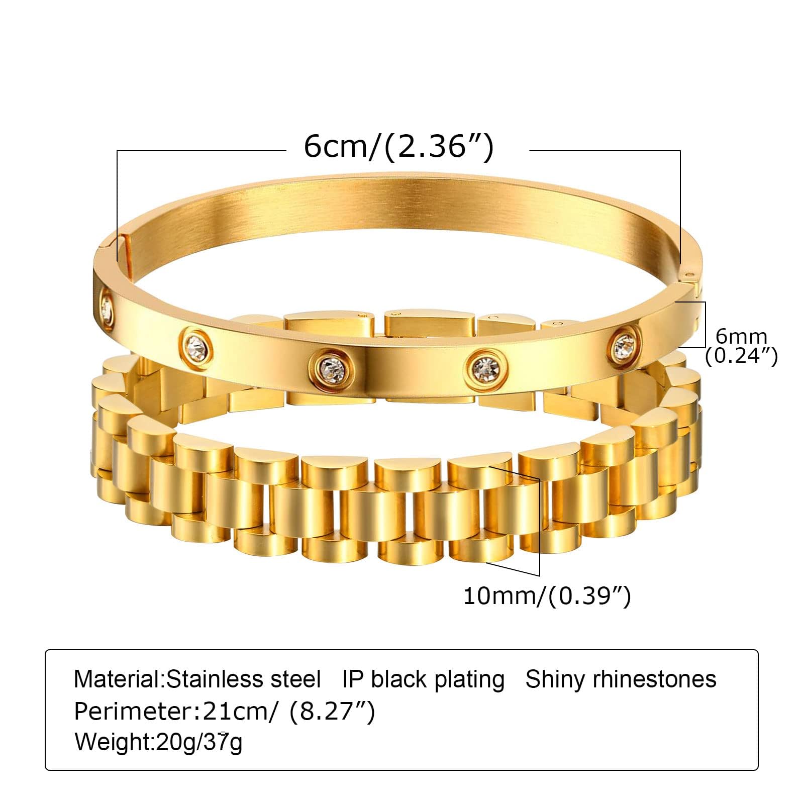MPRAINBOW 2pcs Gold Chain Link Bracelet - Stainless Steel Love Crystal Friendship Bracelet Bangle,Watch Band Chain Wristband Jewelry with Adjust Tool