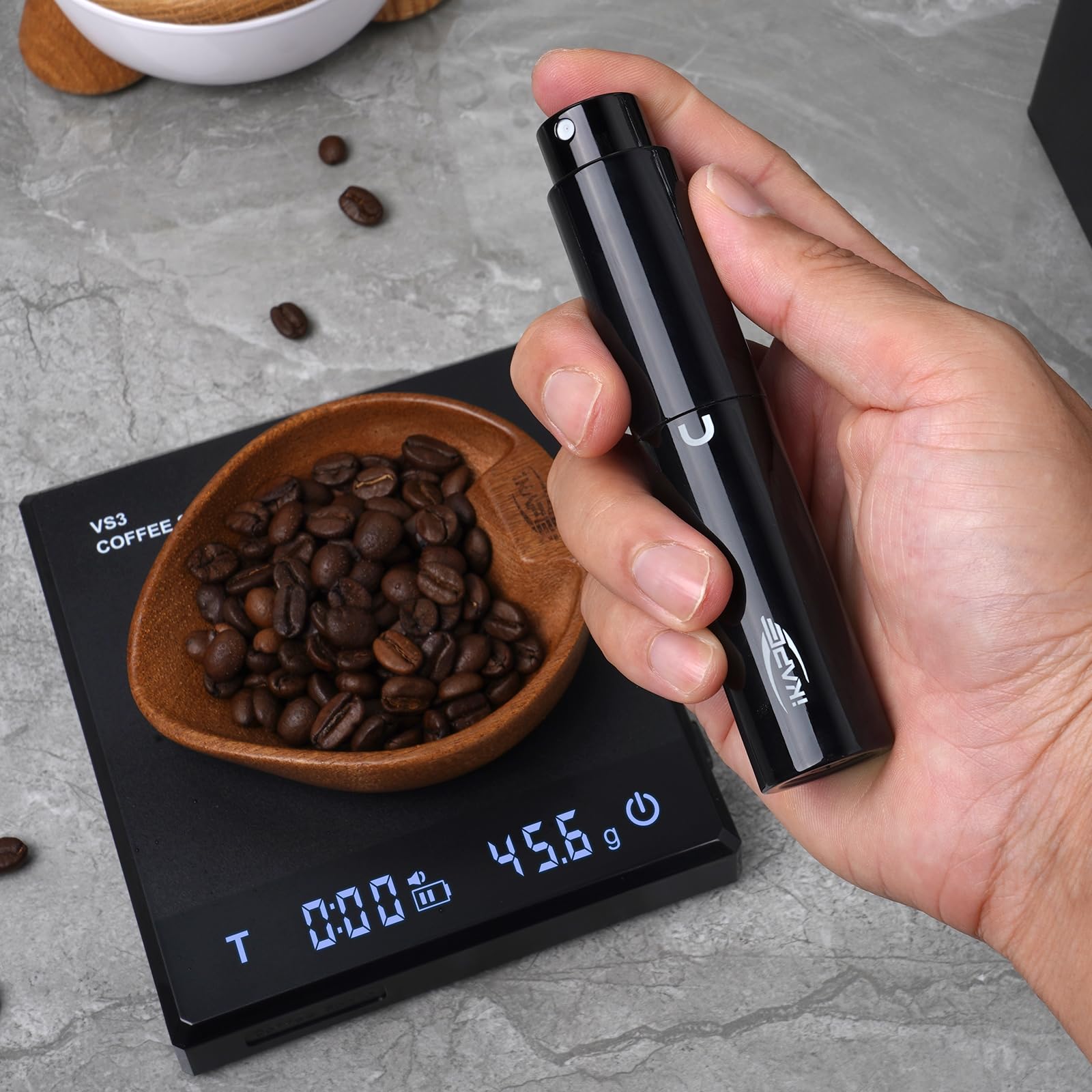 IKAPE Wooden Coffee Bean Dosing Cup and Spray Bottle Kit for Espresso, Coffee Bar Accessories for Reducing Coffee Power Static, Dosing Tray for Coffee or Tea, Sugar(Black)