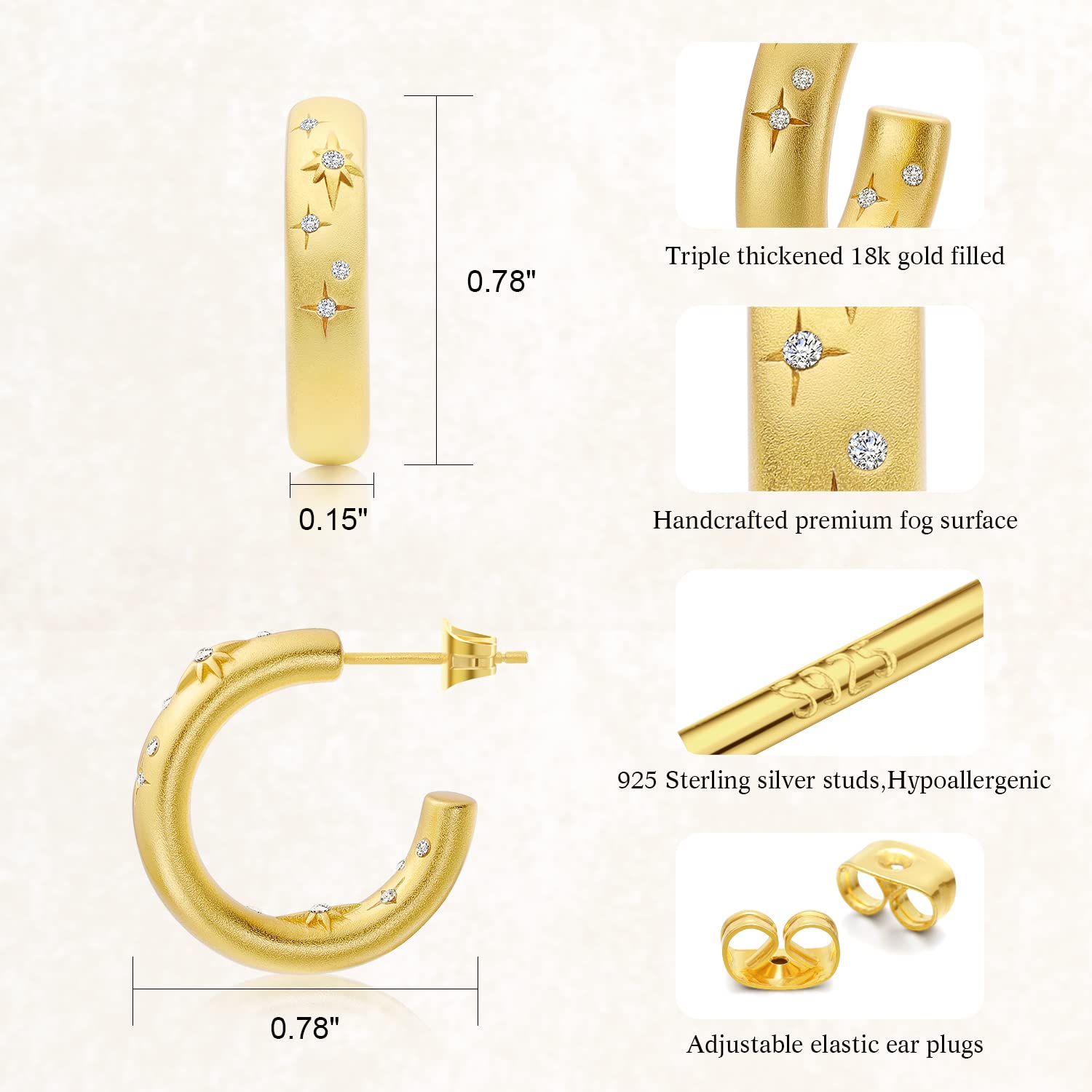 DOUX Star Hoop Earring for Women Thickened 18K Gold Filled 925 Sterling Silver Posts - Shine Like a Star with Our Premium Star Cubic Zirconia Earrings