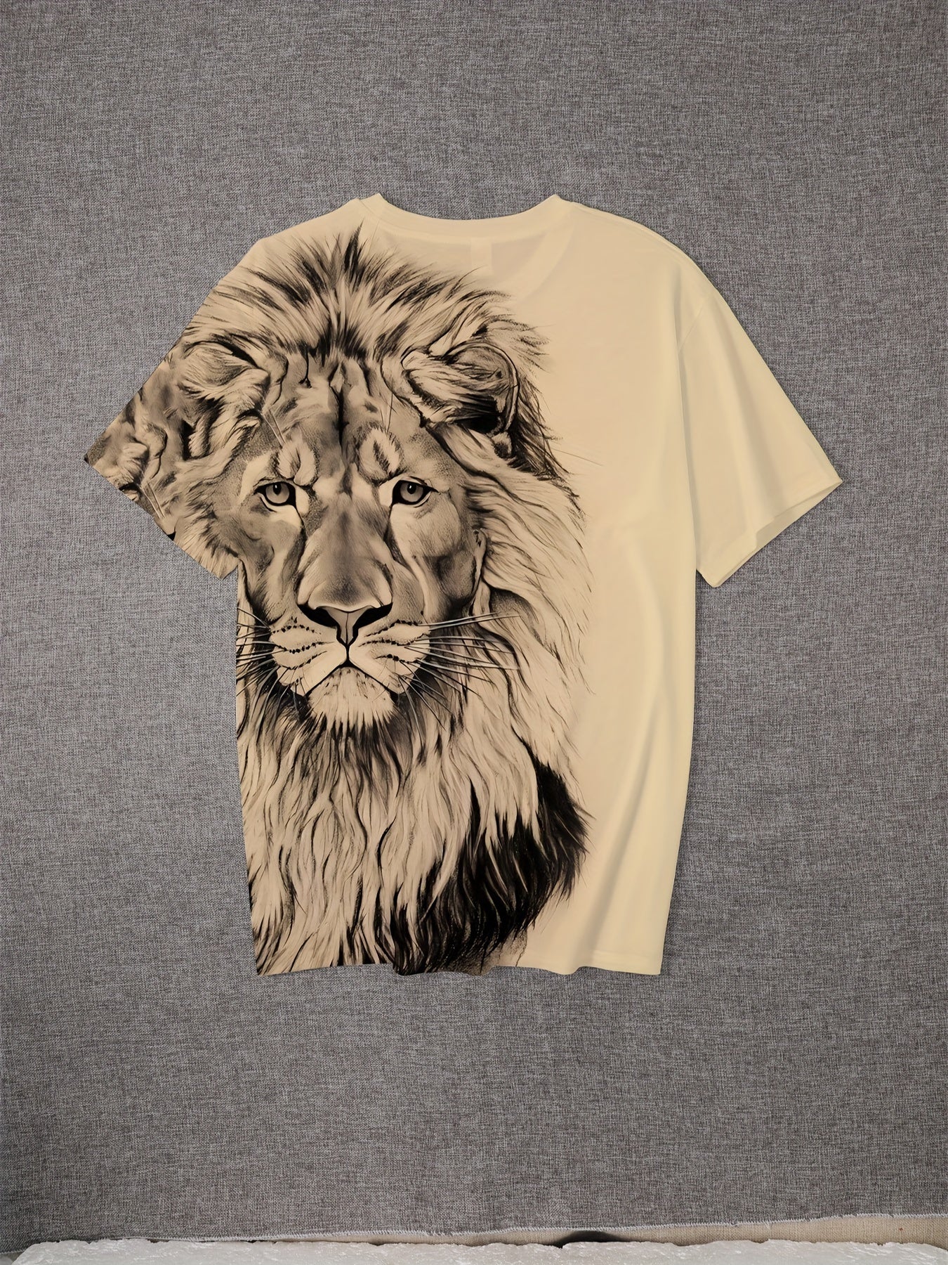 Men's Bold Lion 3D Print T-Shirt - Oversized, Short Sleeve, Crew Neck Tee with Asymmetrical Design - Novelty Polyester Top