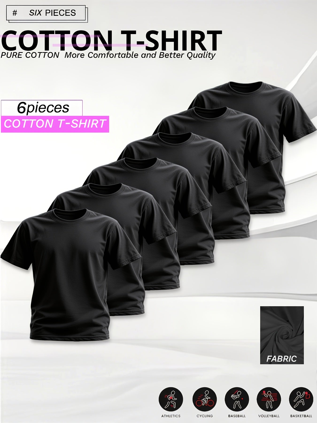 Exclusive for Men! 6 - Piece Set Black And White Solid - Colored 100 Percent Cotton Short Sleeve T - Shirts, Comfortable And High - Quality, Suitable for Sports Scenarios Such As Athletics, Cycling, Baseball, Volleyball And B