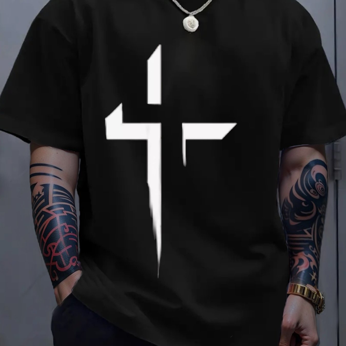 Men'S All-Season Cotton Crew Neck T-Shirt with Stylish Cross Print - Casual Short Sleeve, Regular Fit, Soft& Breathable Fabric, Perfect for Everyday and Weekend Wear