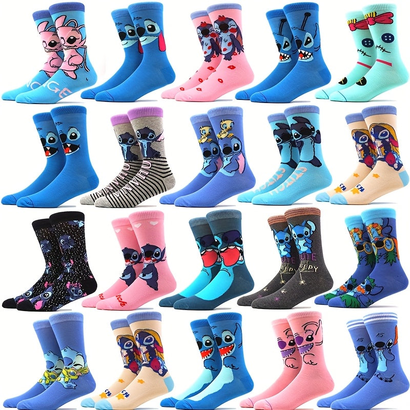 10 Pairs Men's Stitch Novelty Crew Socks - Colorful Cartoon Character Socks with Playful Stitch Designs, Machine Washable, Summer & Spring Casual Wear, Comfortable Breathable Socks for Men, Novelty Socks, Playful Sock Designs