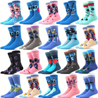 10 Pairs Men's Stitch Novelty Crew Socks - Colorful Cartoon Character Socks with Playful Stitch Designs, Machine Washable, Summer & Spring Casual Wear, Comfortable Breathable Socks for Men, Novelty Socks, Playful Sock Designs