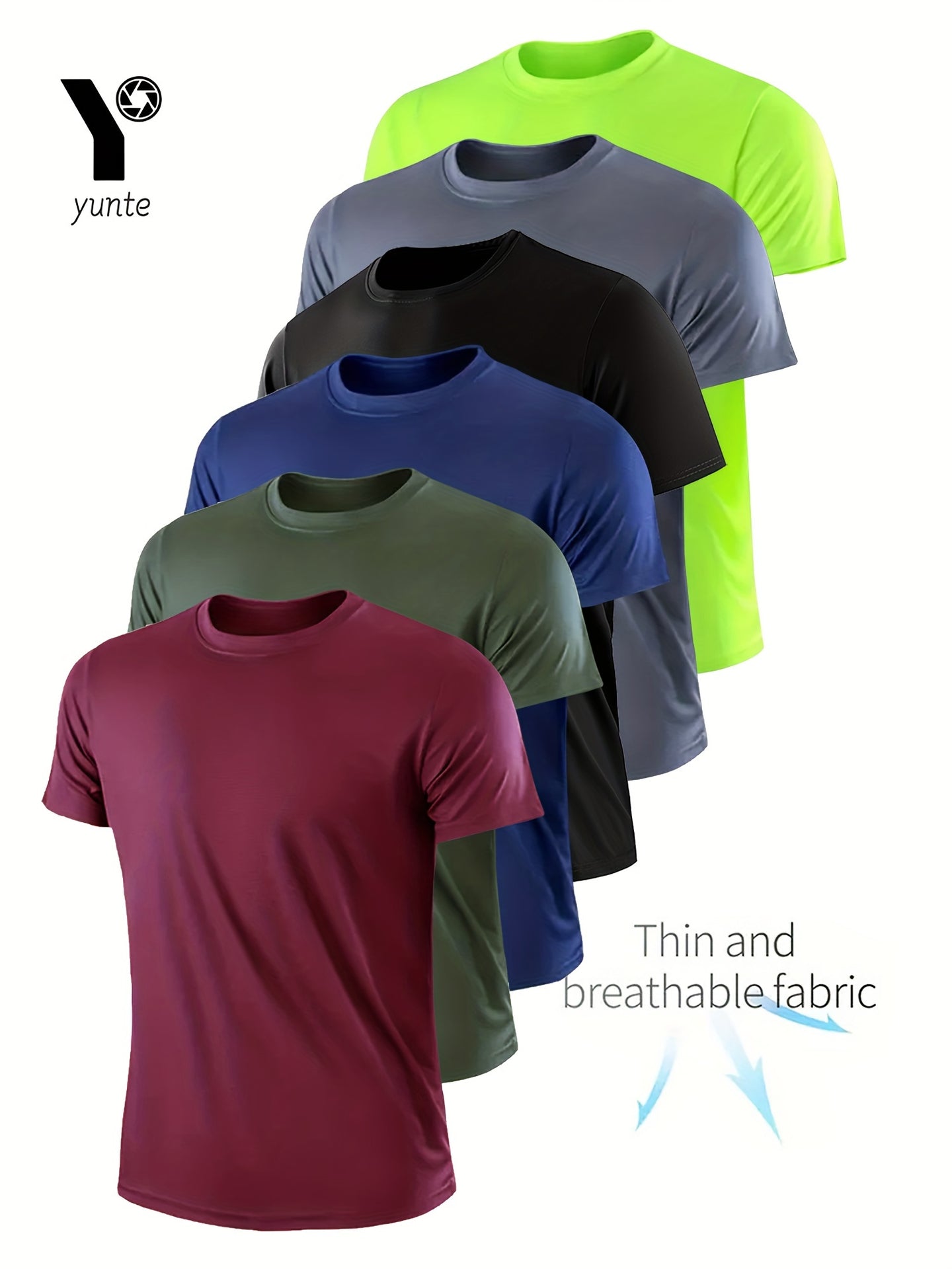 Quick-Dry 6-Pack Men's Athletic T-Shirts - Breathable, Moisture-Wicking Crew Neck Tops - Polyester 100%, Regular Fit, Lightweight for Gym, Running, Sports Training - Assorted Colors, Sweat-Resistant