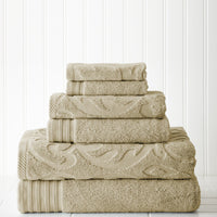 Modern Threads 6-Piece, 2 Bath Towels, 2 Hand Towels, 2 Washcloths, Medallion Jacquard/Solid Ultra Soft 550GSM 100% Combed Cotton Towel Set Taupe