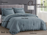 Chezmoi Collection Eleanora King Bed in a Bag 7-Pieces Ruffled Edge Trim Stone Washed Double Brushed Microfiber Comforter with Sheets Lightweight All Season Bedding Set (King, Dusty Blue)