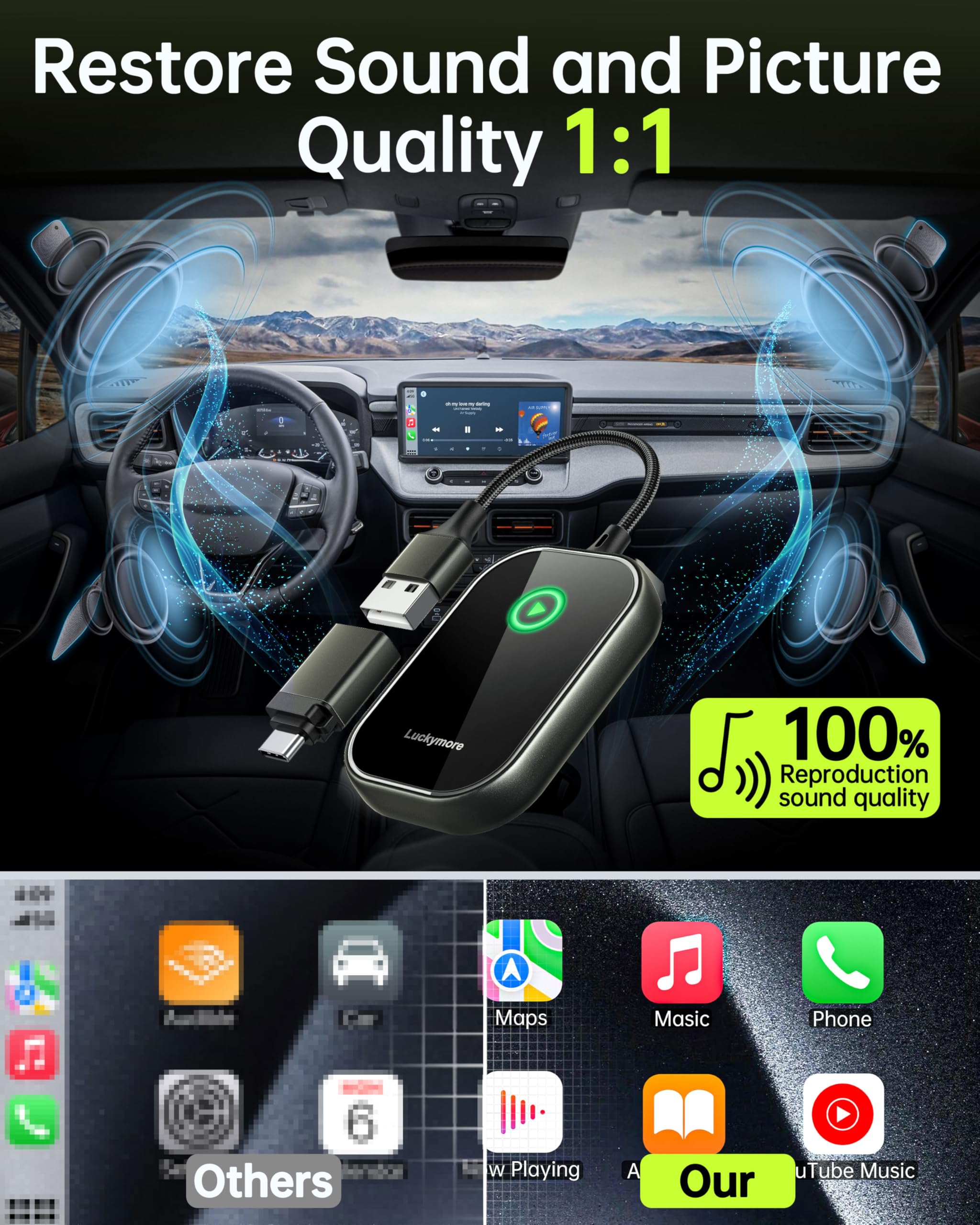 Luckymore Wireless Carplay Adapter, Converts Wired to Wireless Carplay Dongle for Wireless Control Plug & Play Carplay Fit for Cars from 2017 & for Apple iPhone iOS 10+