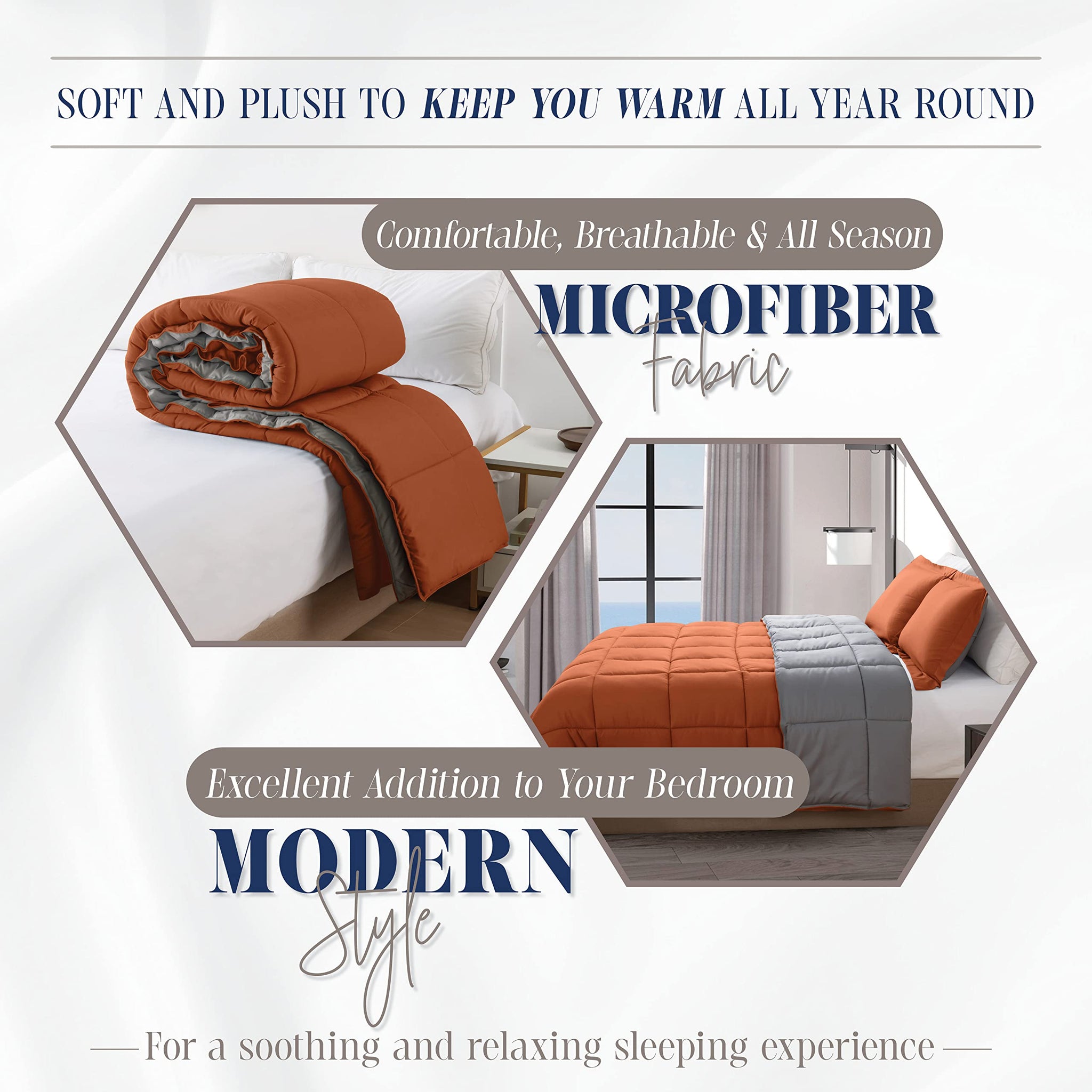 Elegant Comfort 3-Piece Reversible Comforter Set, All Season Cozy, Soft Down Alternative, Quilted - Box Stitched - Duvet Insert with 4 Corner Tabs, Comforter with Shams, Twin XL, Coral/Gray