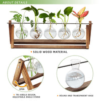 CFMOUR Plant Terrarium with Wooden Stand, Desktop Propagation Stations Glass Air Planter Metal Swivel Holder for Indoor Live Hydroponics Plants Office Home Garden Decor (5 Bulb Vase)