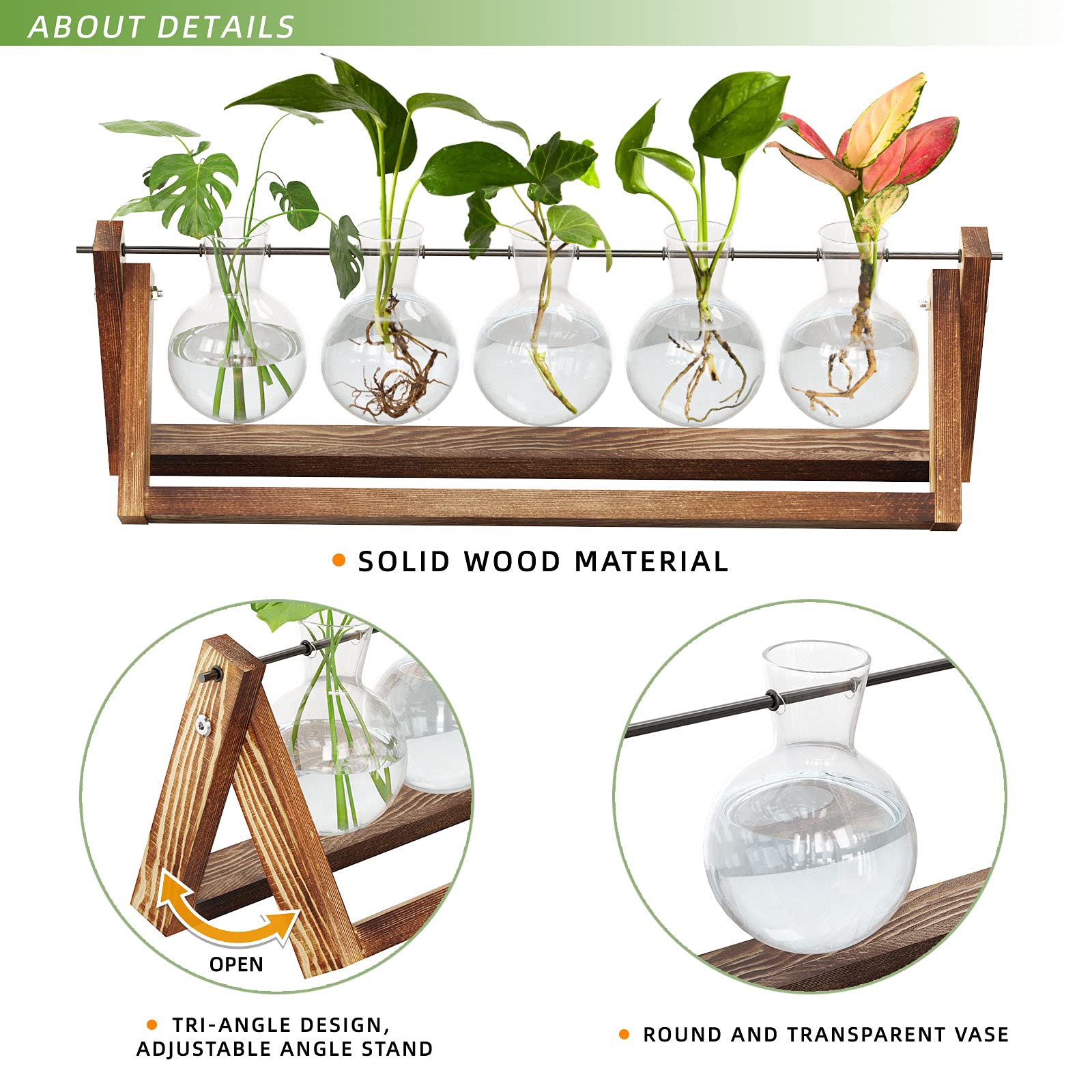 CFMOUR Plant Terrarium with Wooden Stand, Desktop Propagation Stations Glass Air Planter Metal Swivel Holder for Indoor Live Hydroponics Plants Office Home Garden Decor (5 Bulb Vase)