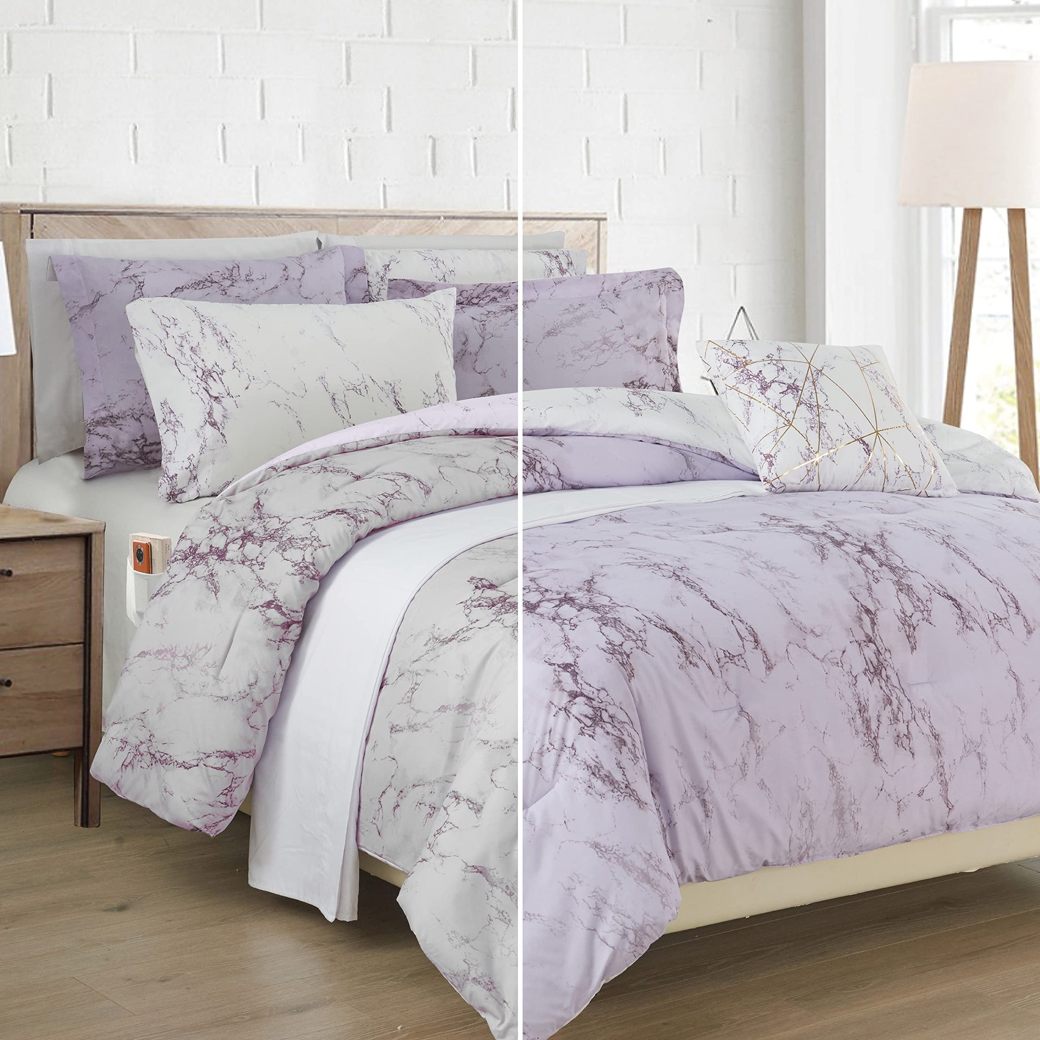 Elegant Comfort Reversible 10-Piece Comforter Set, Marble Print, Decorative Pillow and Fitted Sheet with Smart Pockets, Soft, Plush, & Lightweight Material, 10pc Marble, Queen, Lilac/Purple