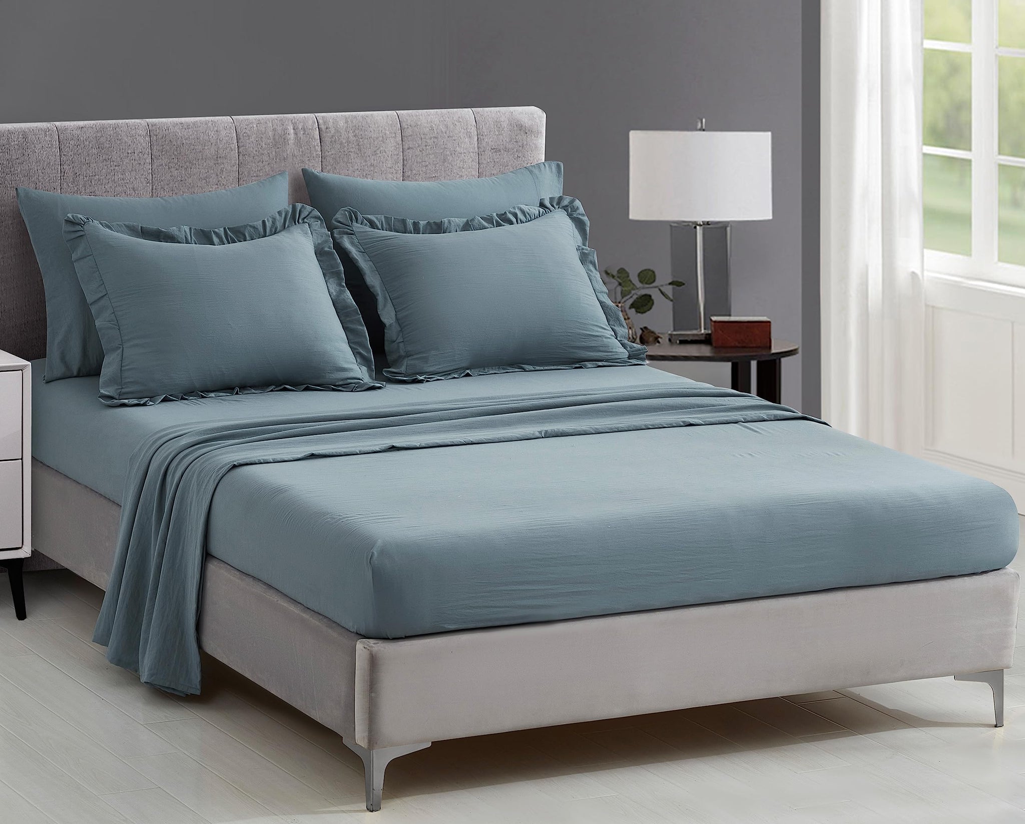 Chezmoi Collection Eleanora King Bed in a Bag 7-Pieces Ruffled Edge Trim Stone Washed Double Brushed Microfiber Comforter with Sheets Lightweight All Season Bedding Set (King, Dusty Blue)