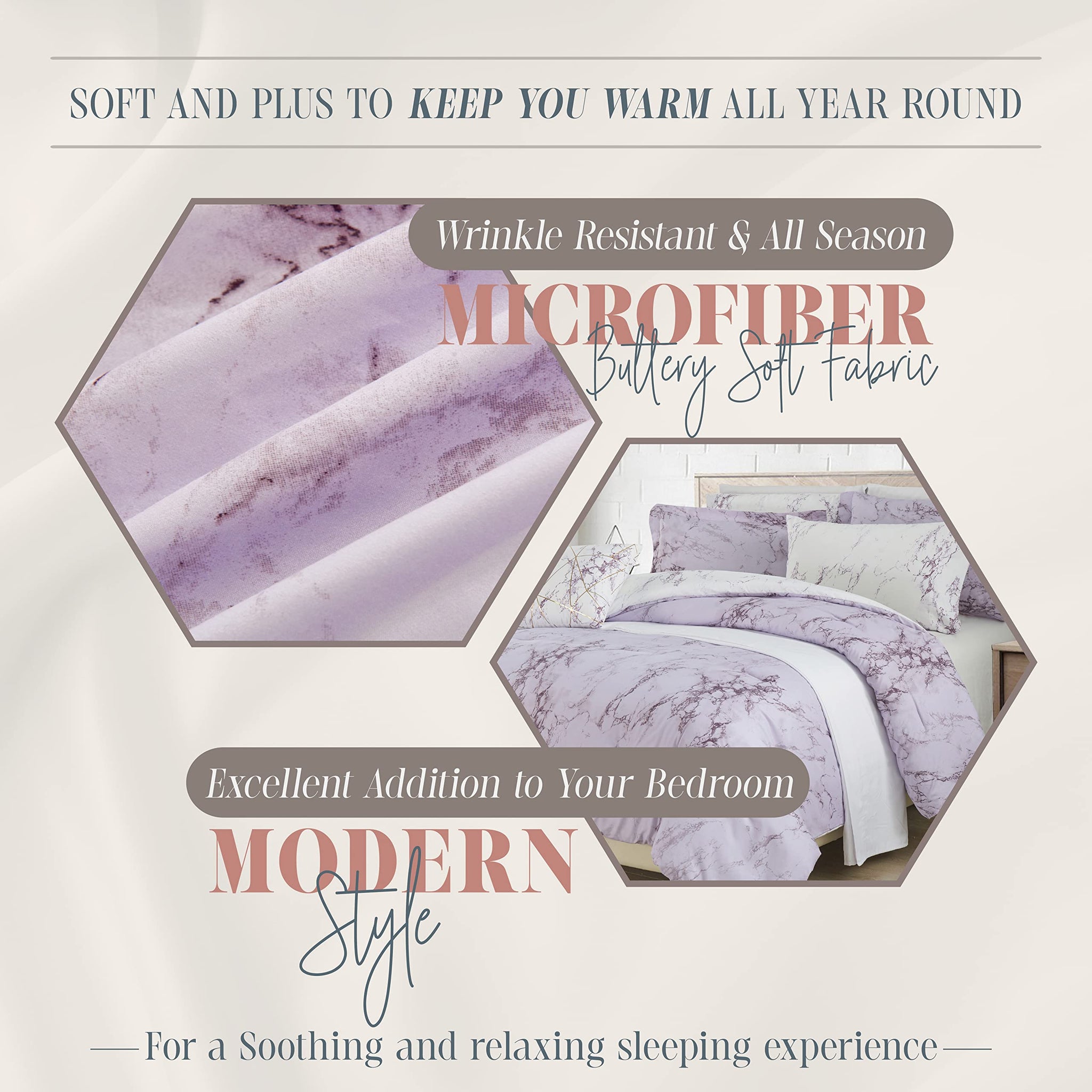 Elegant Comfort Reversible 10-Piece Comforter Set, Marble Print, Decorative Pillow and Fitted Sheet with Smart Pockets, Soft, Plush, & Lightweight Material, 10pc Marble, Queen, Lilac/Purple