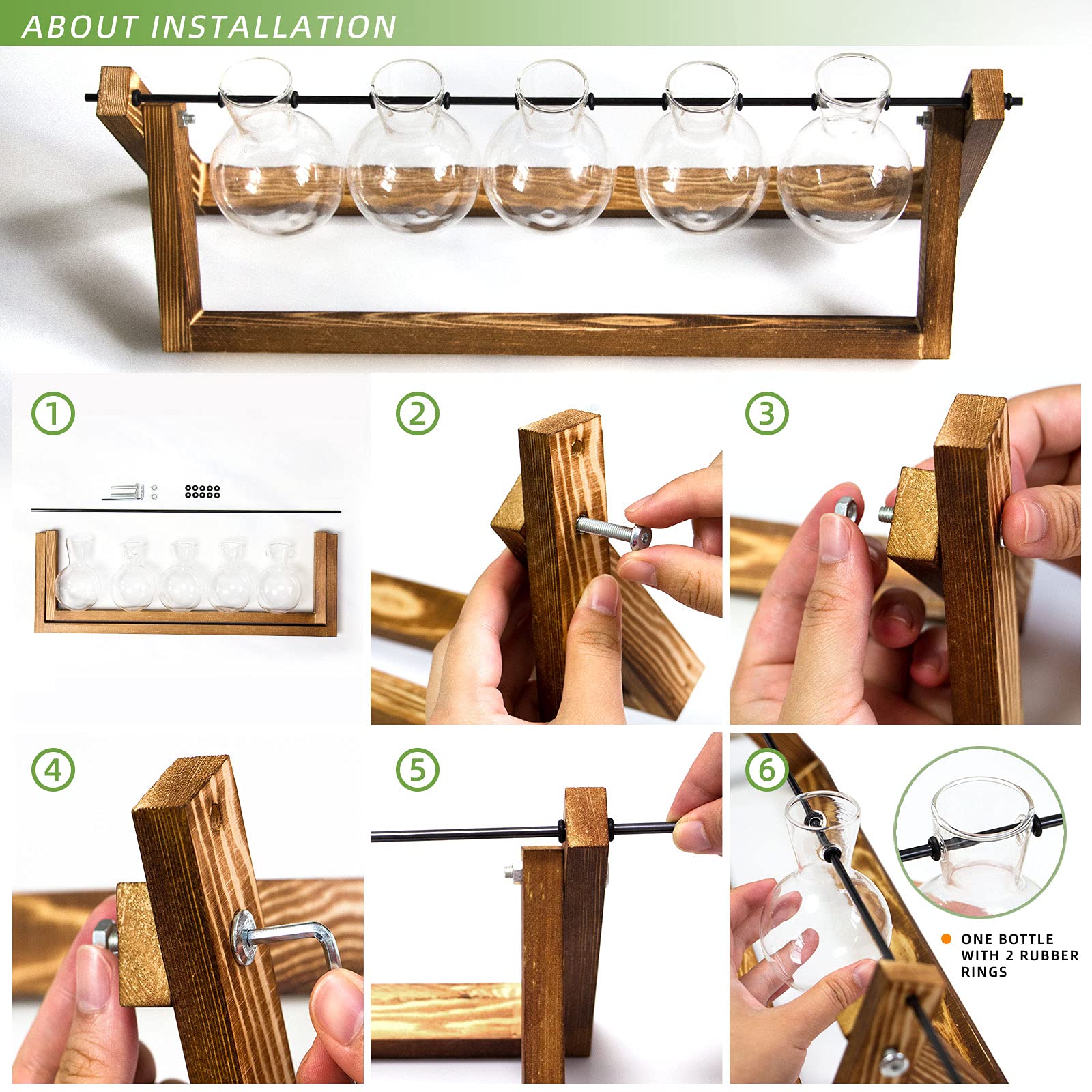 CFMOUR Plant Terrarium with Wooden Stand, Desktop Propagation Stations Glass Air Planter Metal Swivel Holder for Indoor Live Hydroponics Plants Office Home Garden Decor (5 Bulb Vase)
