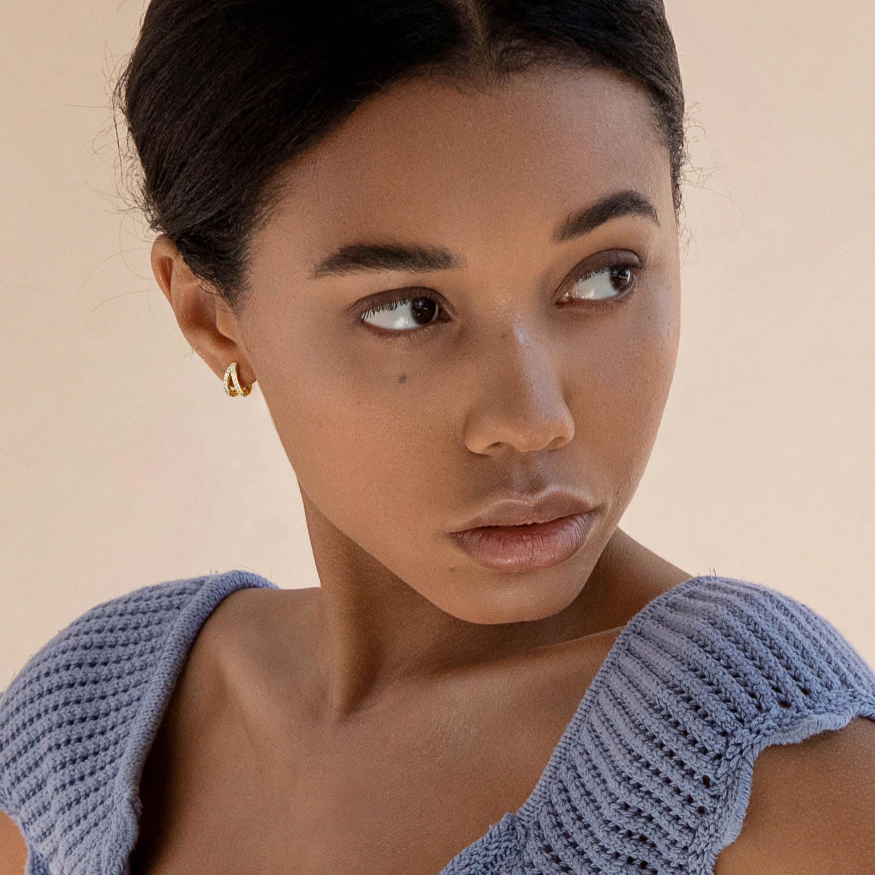 SWEETV Small Hoop Earrings for Women, Post Cubic Zirconia Gold Plated Huggie Hoop Earrings for Women, 8mm for Adult