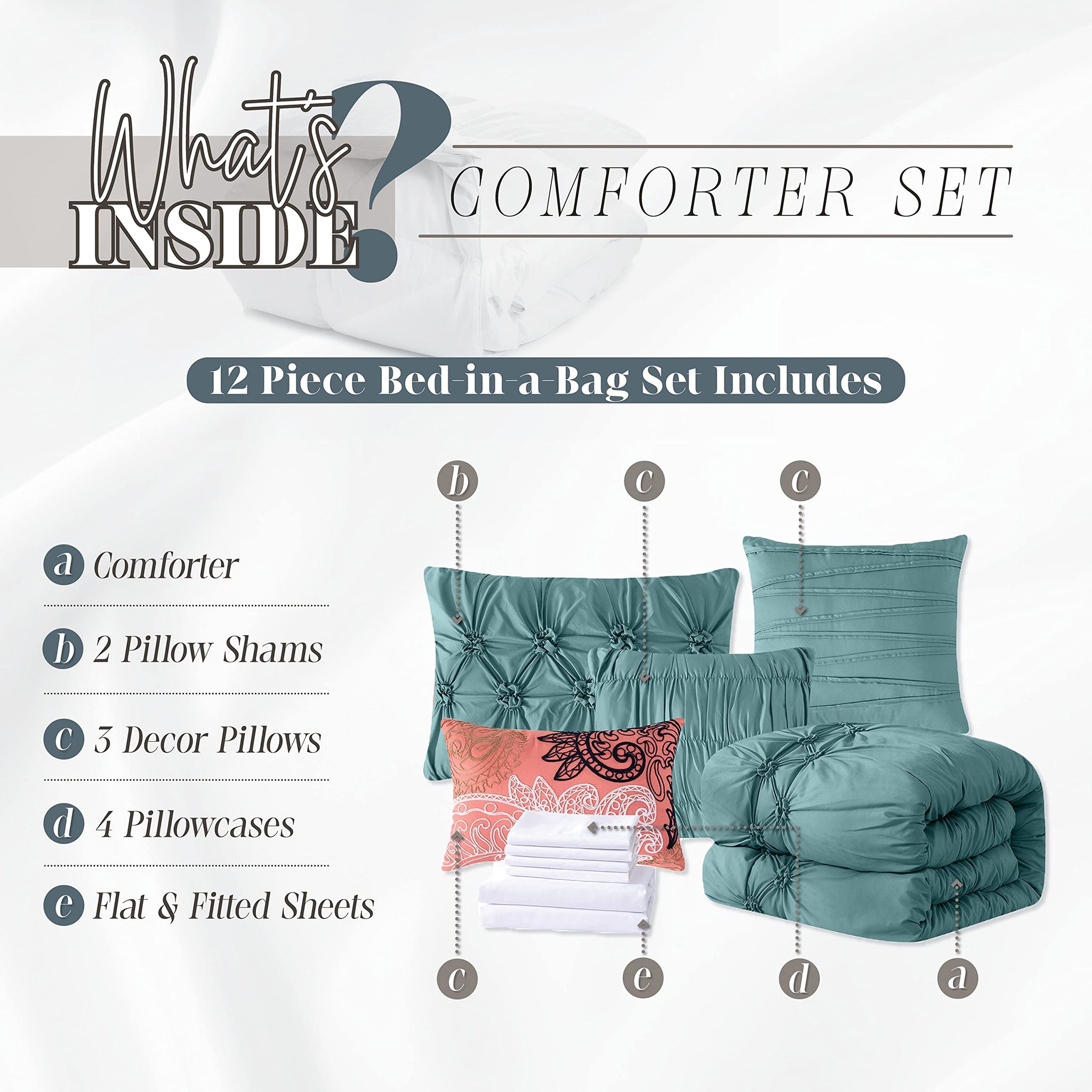 Elegant Comfort 12-Piece Bed-in-a-Bag, Ella Pleated Ruched Pintuck Comforter Set, 6-Piece Sheet Set Featuring Smart Pockets, Matching Decorative Pillows, All Season Bedding,California King, Mint Green