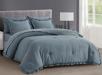 Chezmoi Collection Eleanora King Bed in a Bag 7-Pieces Ruffled Edge Trim Stone Washed Double Brushed Microfiber Comforter with Sheets Lightweight All Season Bedding Set (King, Dusty Blue)