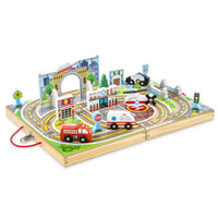 Melissa & Doug 18-Piece Wooden Take-Along Tabletop Town, 4 Rescue Vehicles, Play Pieces, Bridge , 15.4 x 11.0 x 2.6