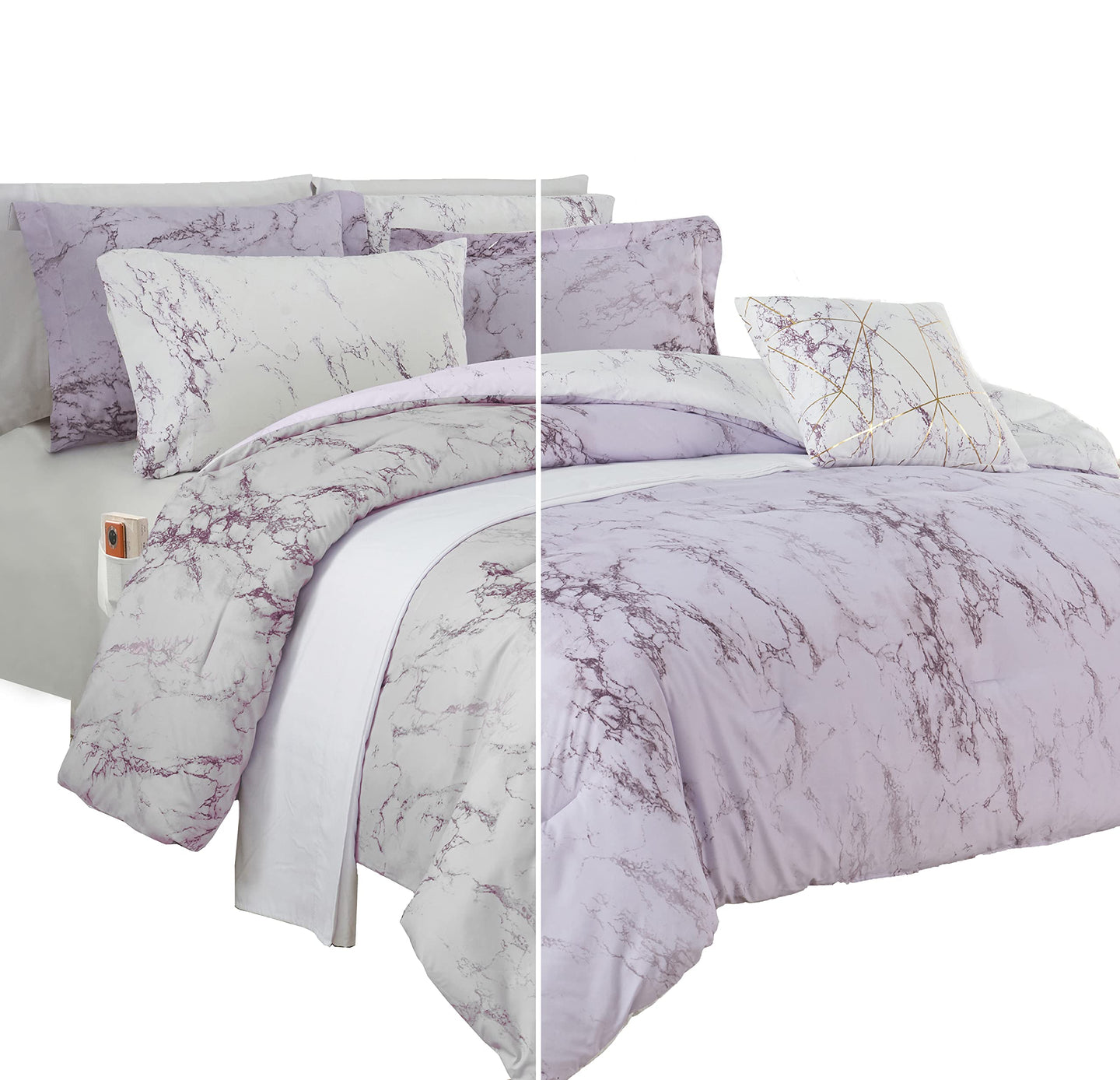 Elegant Comfort Reversible 10-Piece Comforter Set, Marble Print, Decorative Pillow and Fitted Sheet with Smart Pockets, Soft, Plush, & Lightweight Material, 10pc Marble, Queen, Lilac/Purple