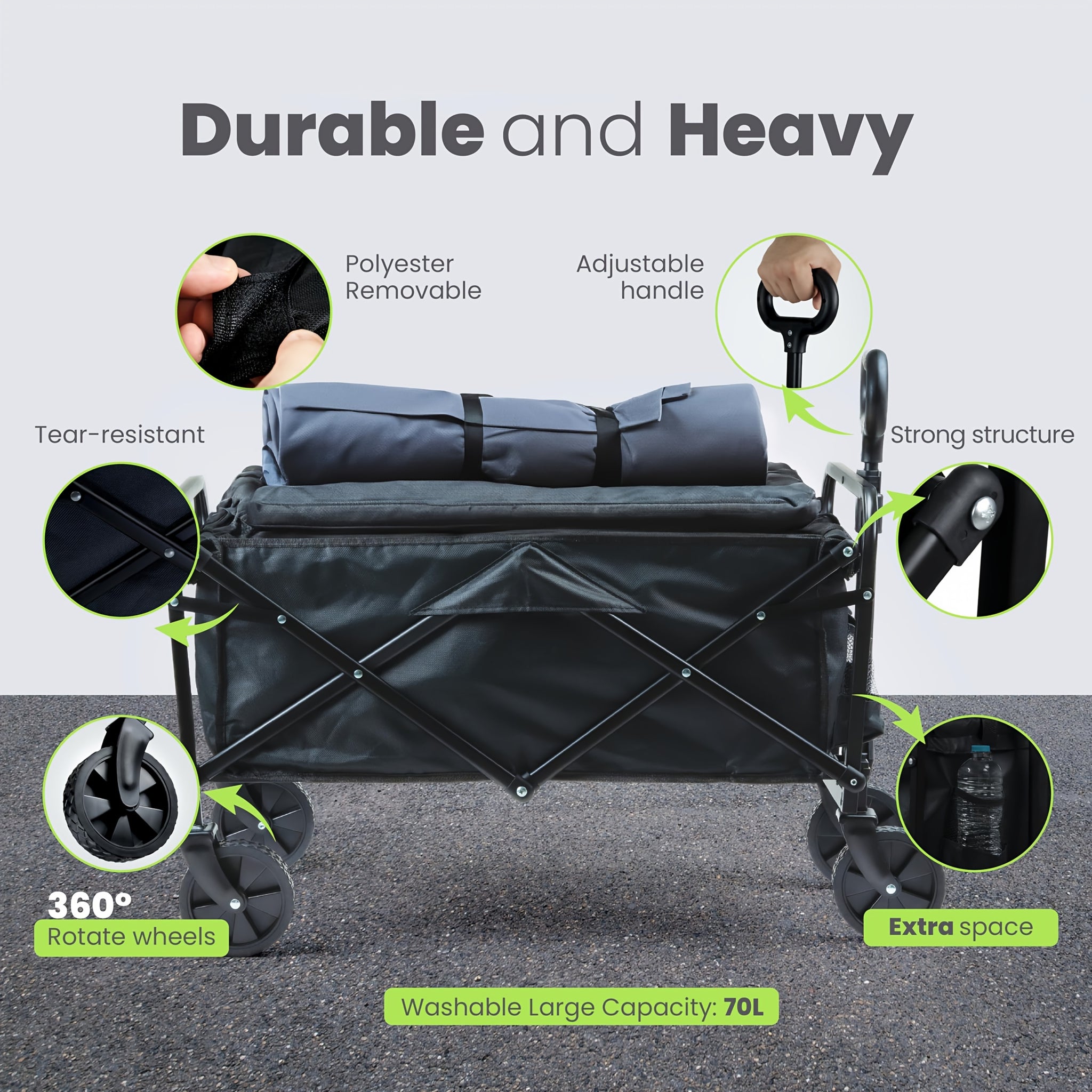 220/450/680 lb Capacity Heavy-Duty All-Terrain Folding Cart - Steel Frame and 600D Oxford Fabric, Camping, Gardening, Beach, Shopping Foldable Utility Cart - No Assembly Required, Black, Garden Tool Carrier, Sturdy Handle Des