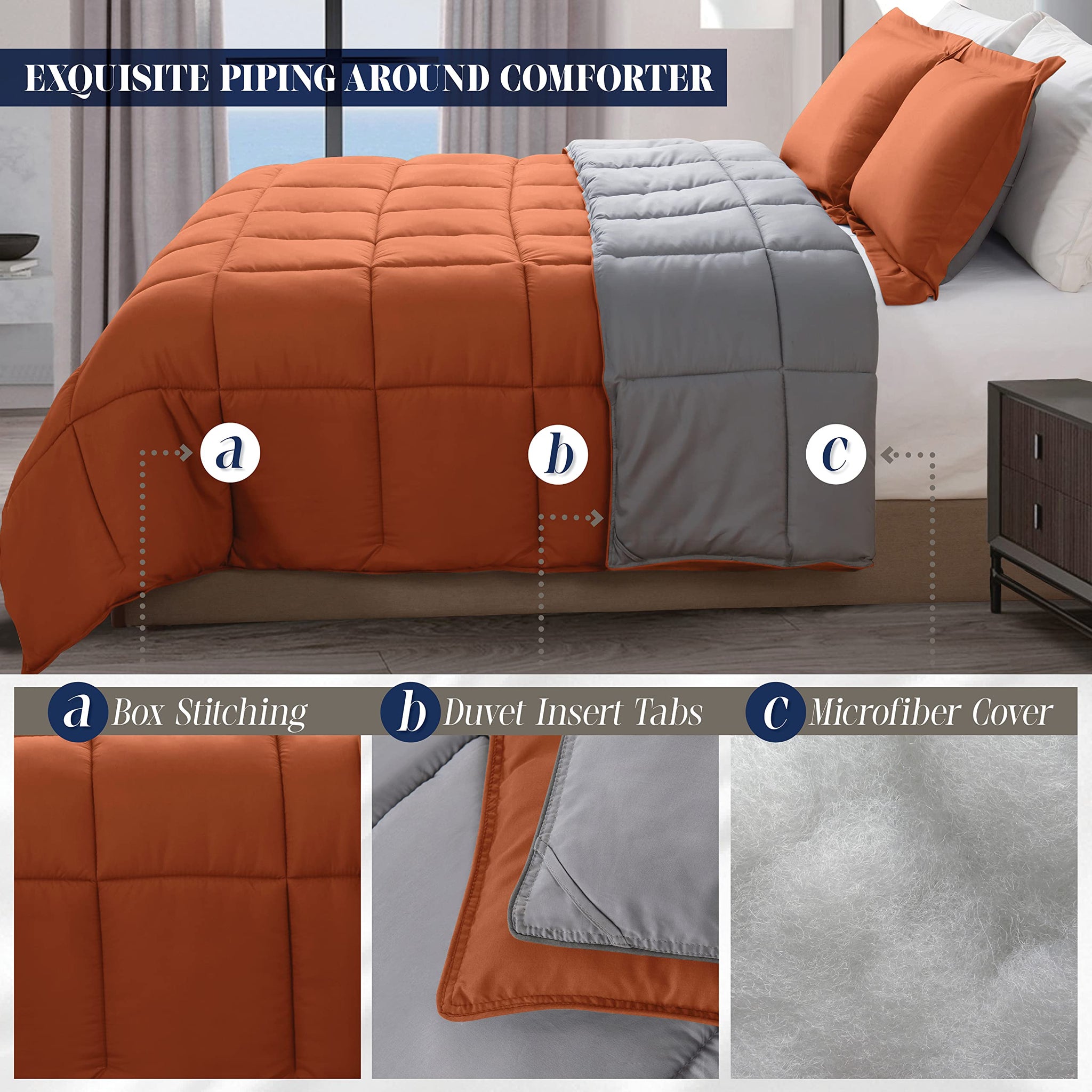 Elegant Comfort 3-Piece Reversible Comforter Set, All Season Cozy, Soft Down Alternative, Quilted - Box Stitched - Duvet Insert with 4 Corner Tabs, Comforter with Shams, Twin XL, Coral/Gray