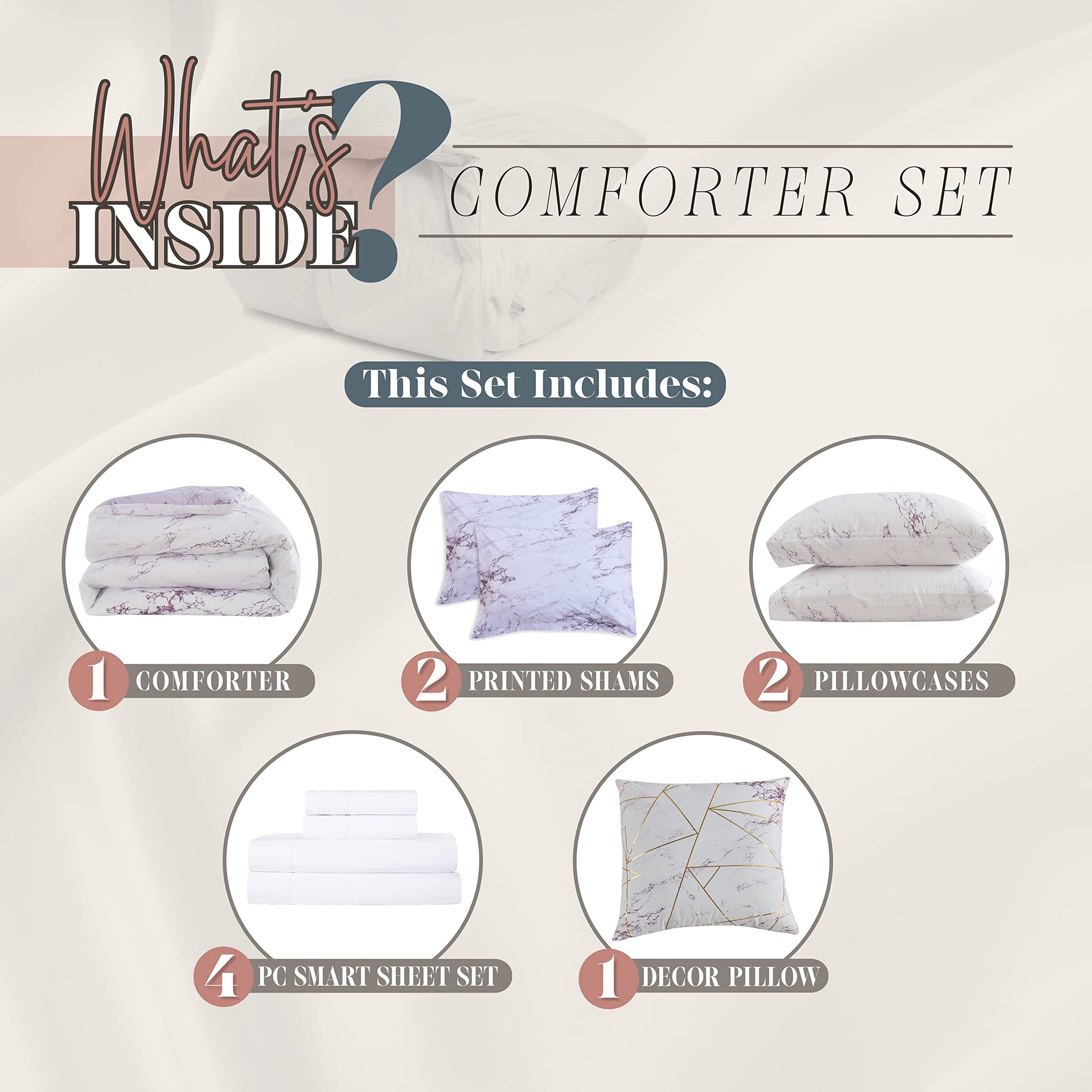 Elegant Comfort Reversible 10-Piece Comforter Set, Marble Print, Decorative Pillow and Fitted Sheet with Smart Pockets, Soft, Plush, & Lightweight Material, 10pc Marble, Queen, Lilac/Purple