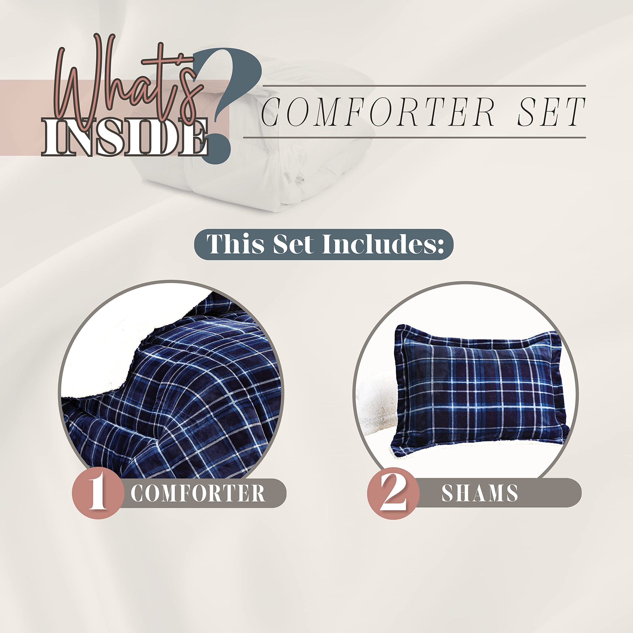 Elegant Comfort Soft & Plush Sherpa Comforter- Lilith Plaid Collection, 3-Piece Bed Set, , Reversible Down Alternative Micro-Suede, Plaid Sherpa Comforter, King, Ocean Navy