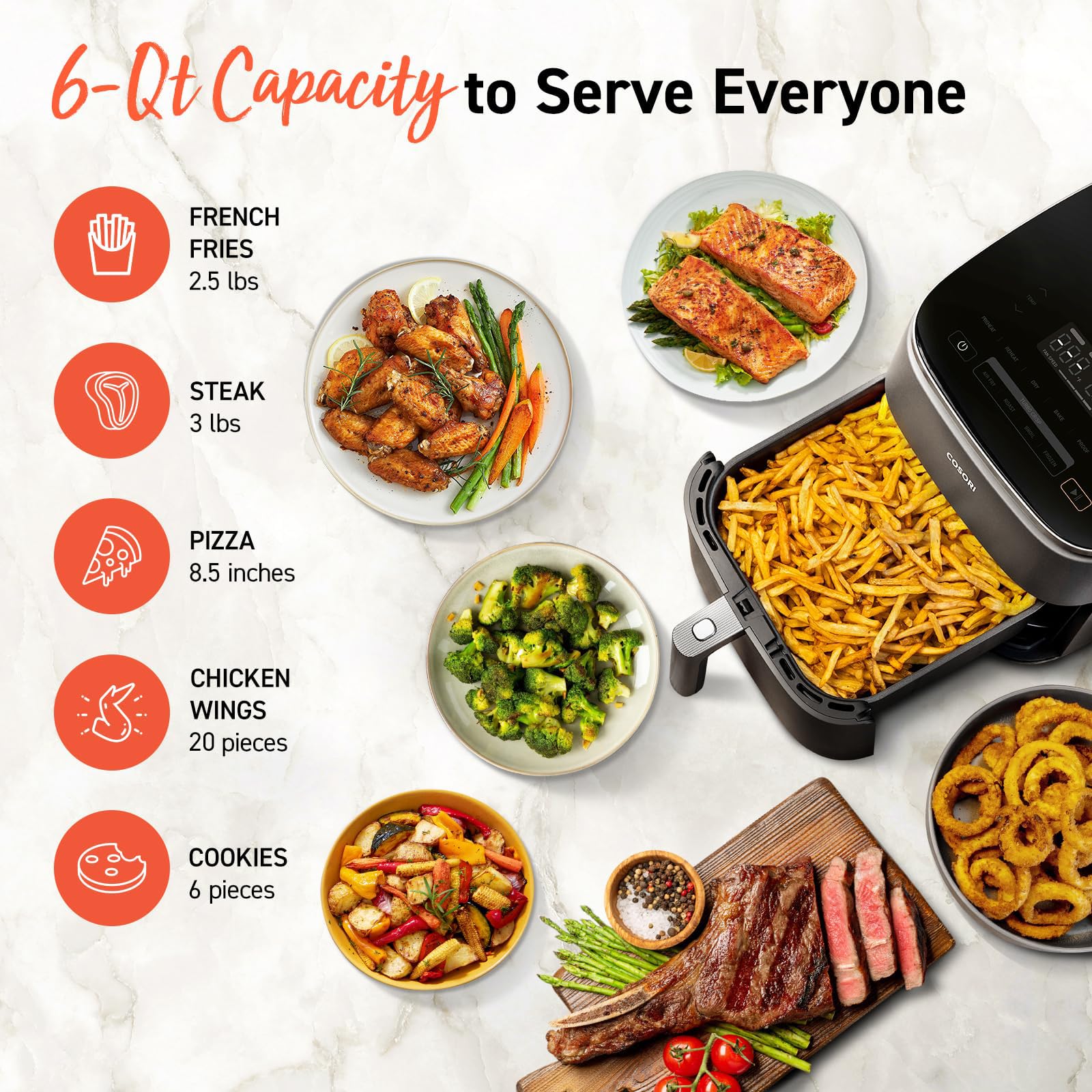 COSORI Air Fryer 9-in-1, Compact & Large 6-Qt, Fast Turbo Modes, 90-450°F Evenly Results with Precise Temperature Control, 95% Less Oil, Roast, Bake, Dry, Reheat, Frozen, Broil, Proof, Grey